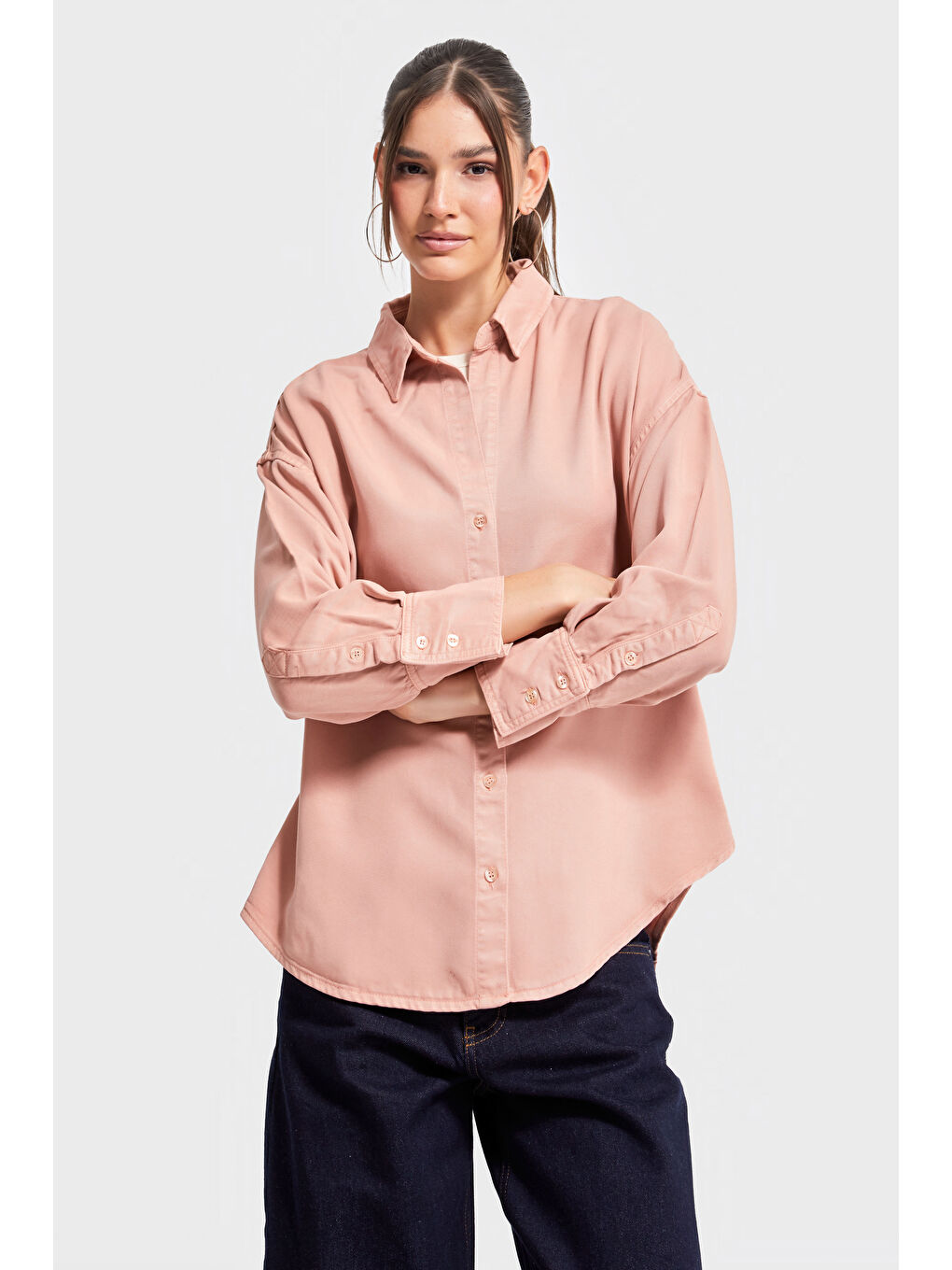 Pembe Kadın Pudra Renk 6s5-21 Organik Pamuk Viskon Kumaş Oversize Gömlek