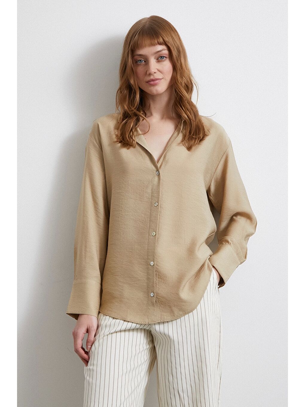 Kraşlı Saten Gömlek Bej-3