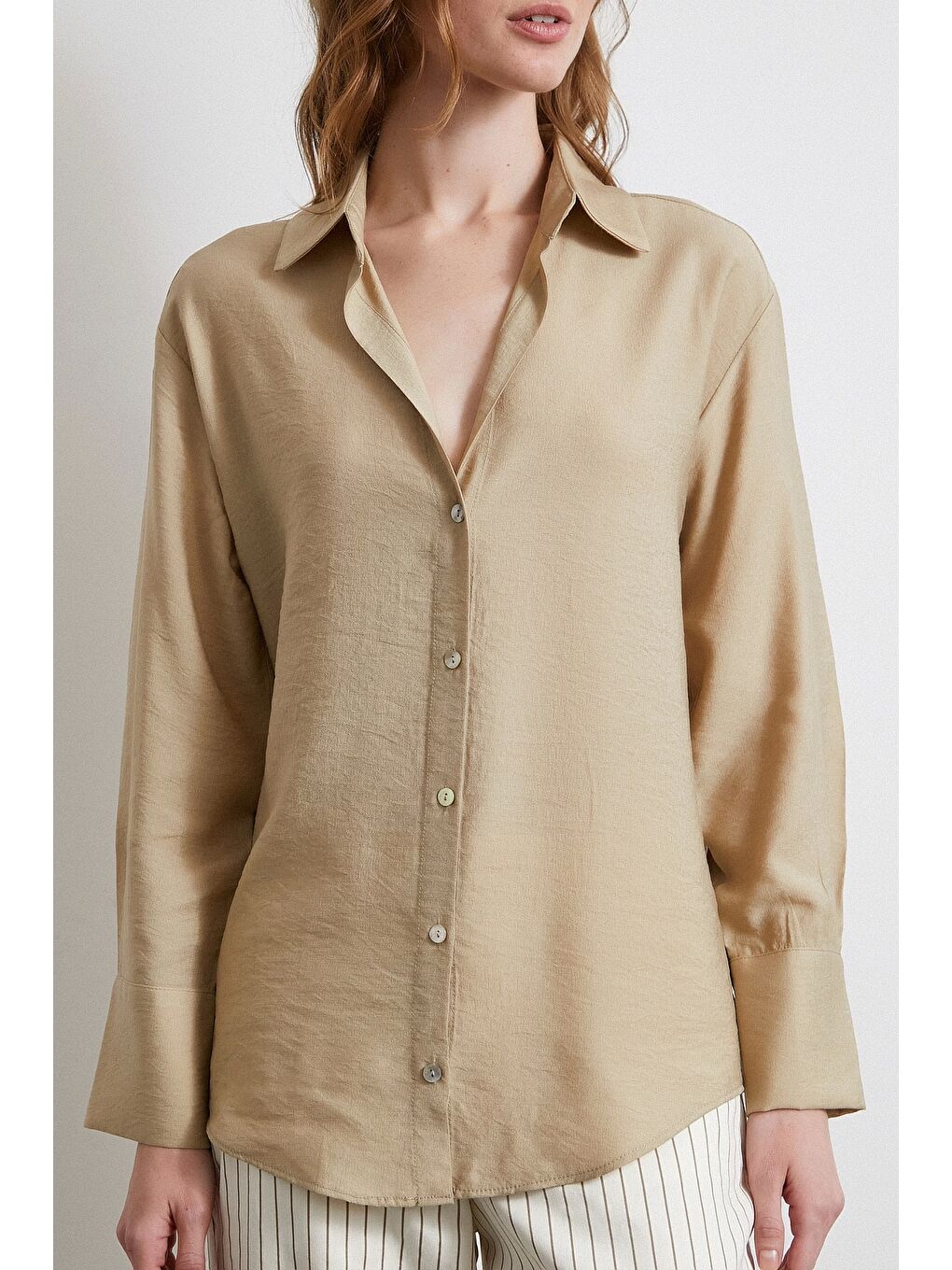 Kraşlı Saten Gömlek Bej-4
