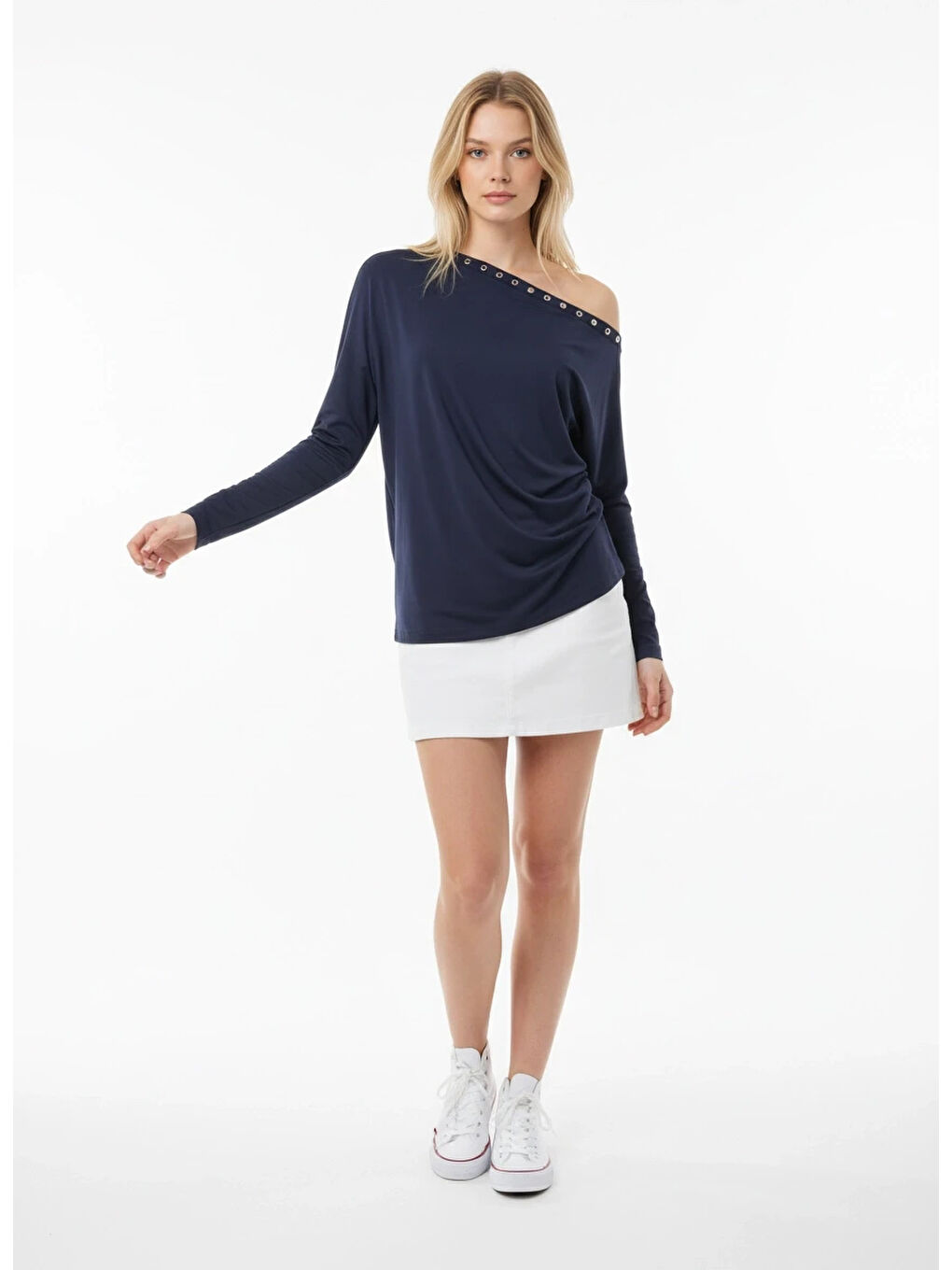 Lacivert Kadın Kayık Yaka Yarasa Kol Yakası Troklu Elastanlı Penye Bluz-1