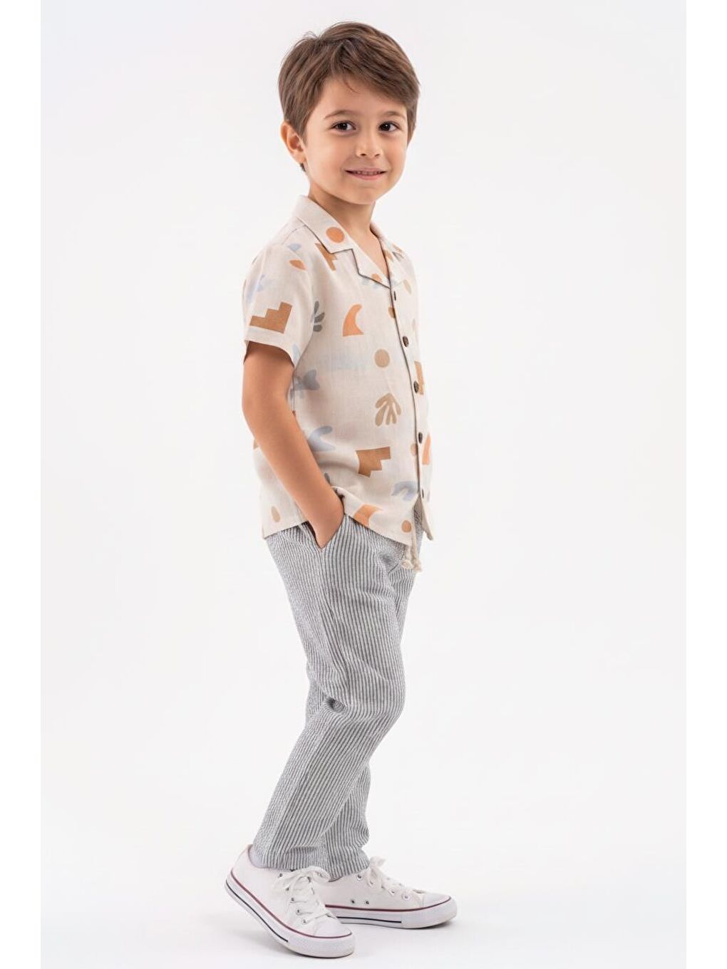 Bej Baskılı Müslin Gömlek Pantolon 2li Takım