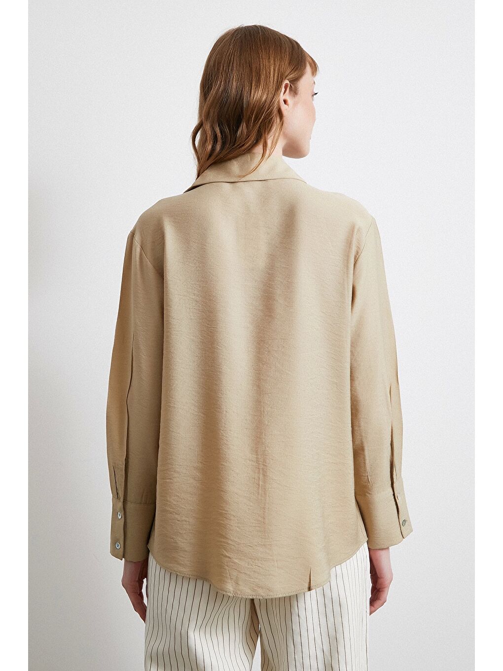 Kraşlı Saten Gömlek Bej-5