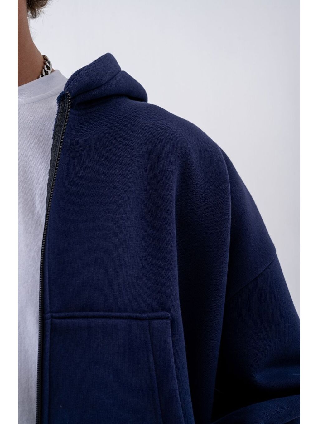 Bej Erkek Boxy Oversize Fermuarlı Chill Lacivert Sweatshirt-2