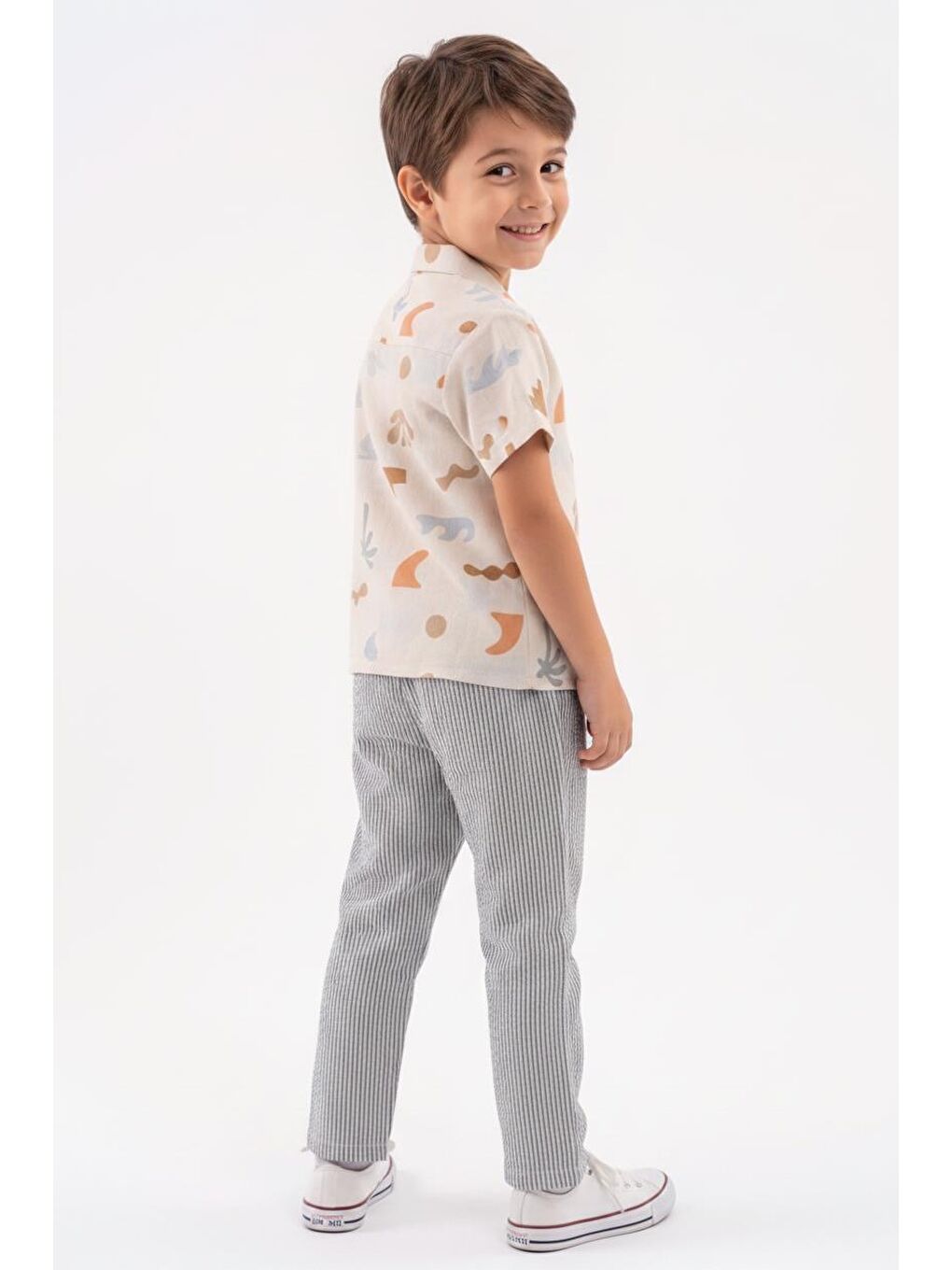 Bej Baskılı Müslin Gömlek Pantolon 2li Takım-1