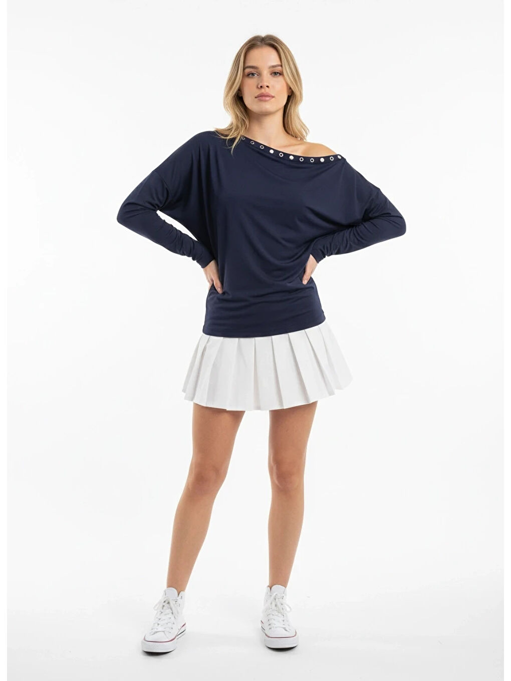 Lacivert Kadın Kayık Yaka Yarasa Kol Yakası Troklu Elastanlı Penye Bluz-2