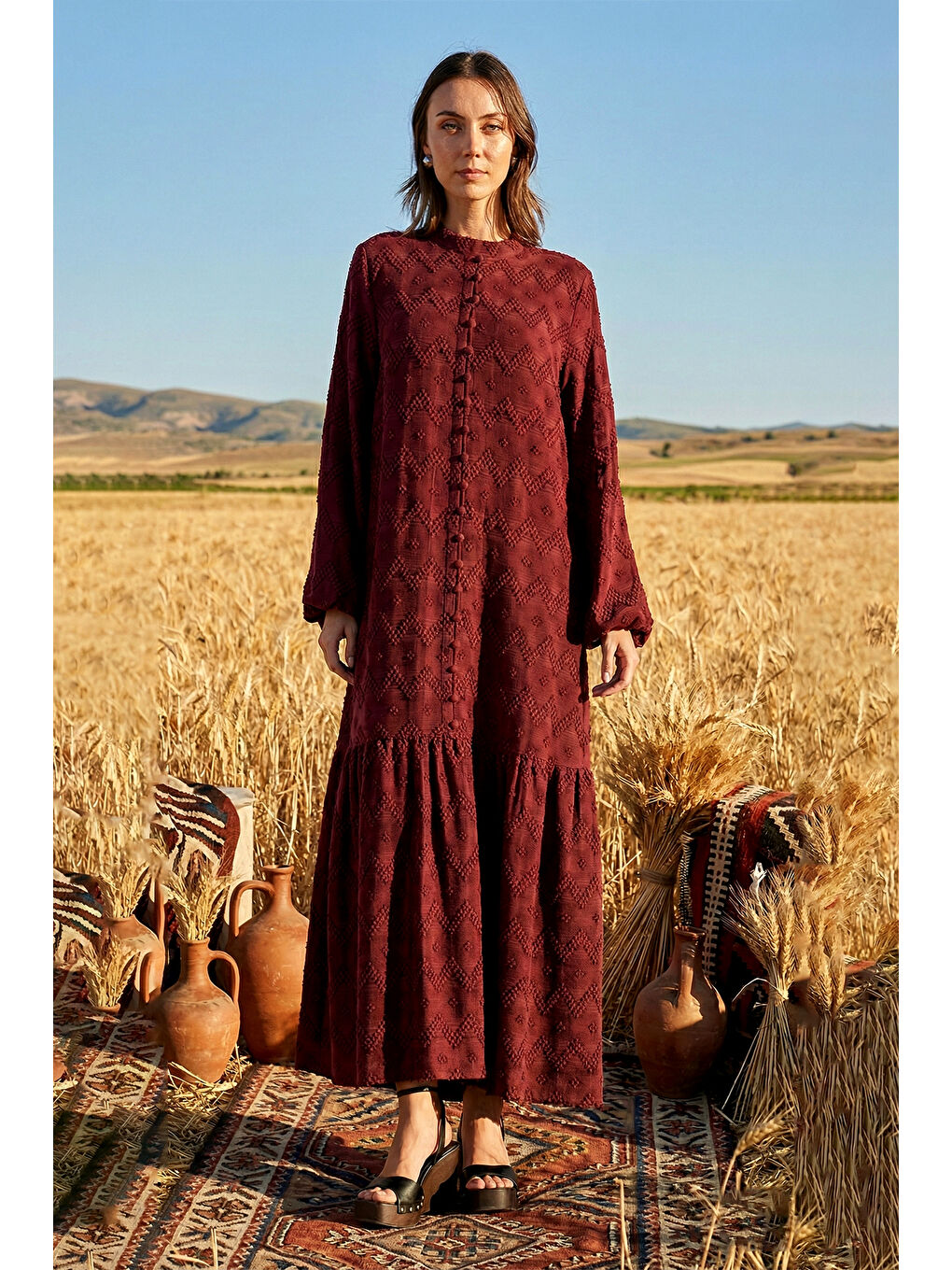 Güpür ve Jean Detay Uzun Elbise 2026 Mürdüm