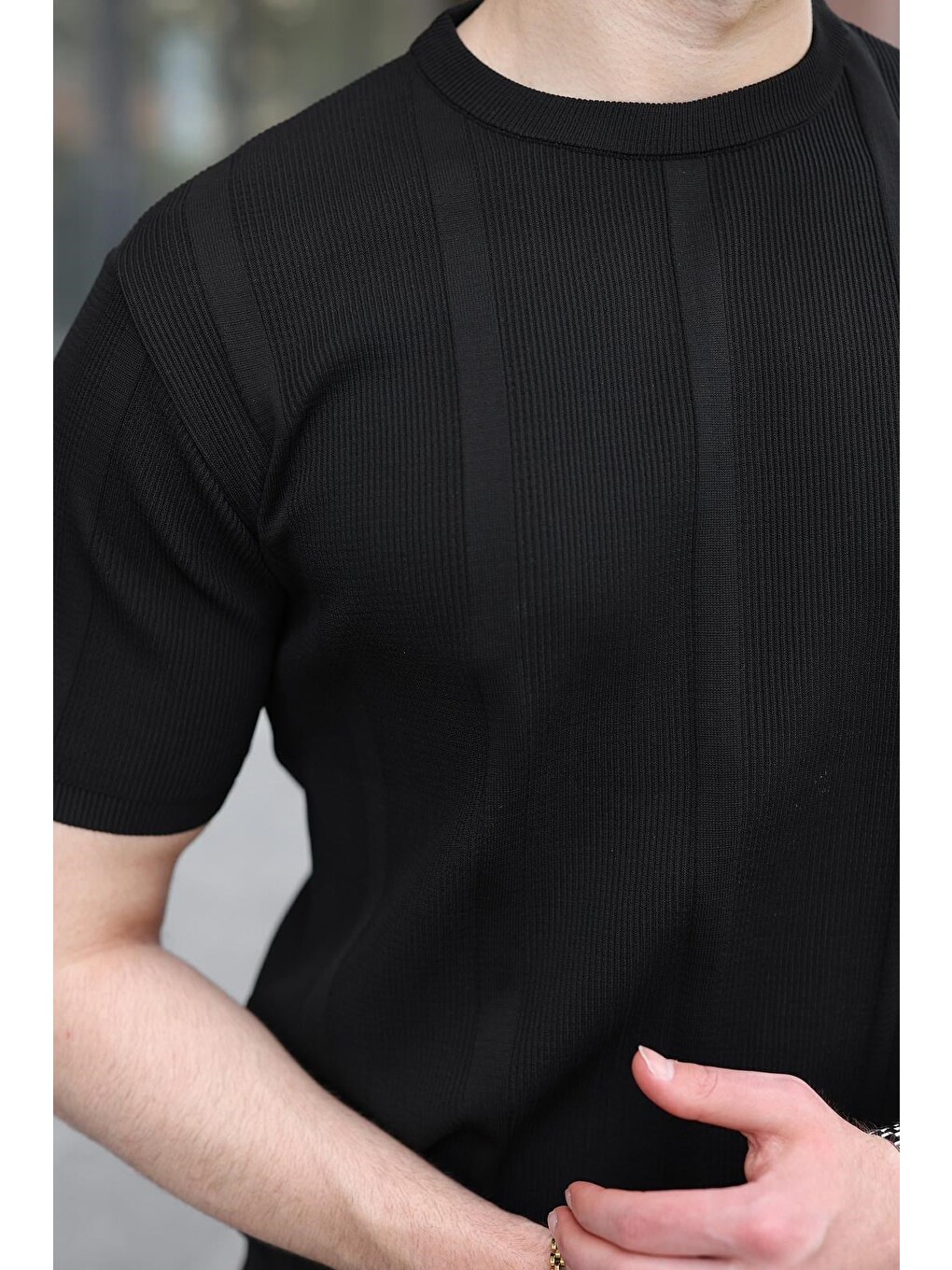 Siyah Regular Fit Bisiklet Yaka Fitilli Triko Erkek Tişört E7490-1