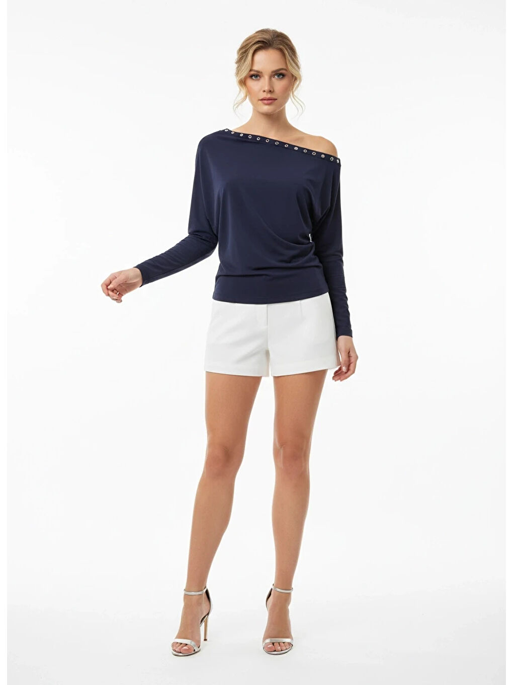 Lacivert Kadın Kayık Yaka Yarasa Kol Yakası Troklu Elastanlı Penye Bluz-3