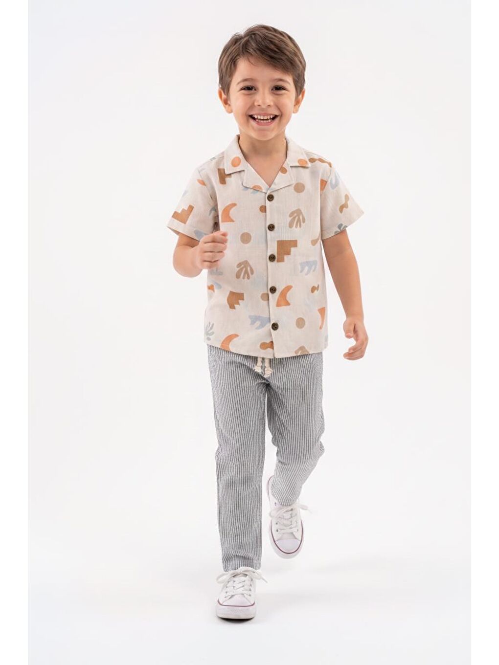 Bej Baskılı Müslin Gömlek Pantolon 2li Takım-2