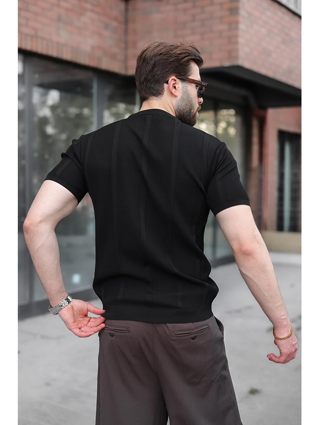 Siyah Regular Fit Bisiklet Yaka Fitilli Triko Erkek Tişört E7490-2