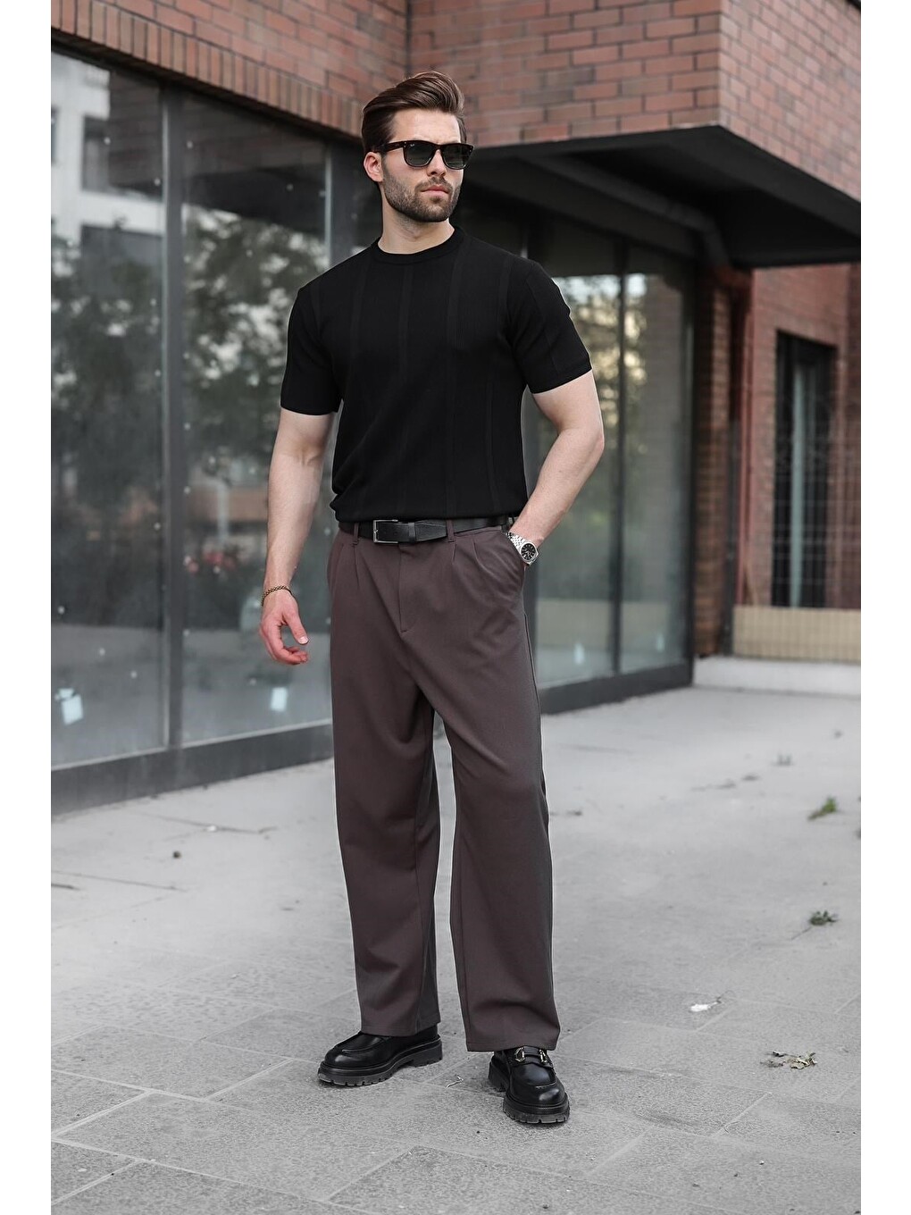 Siyah Regular Fit Bisiklet Yaka Fitilli Triko Erkek Tişört E7490-3