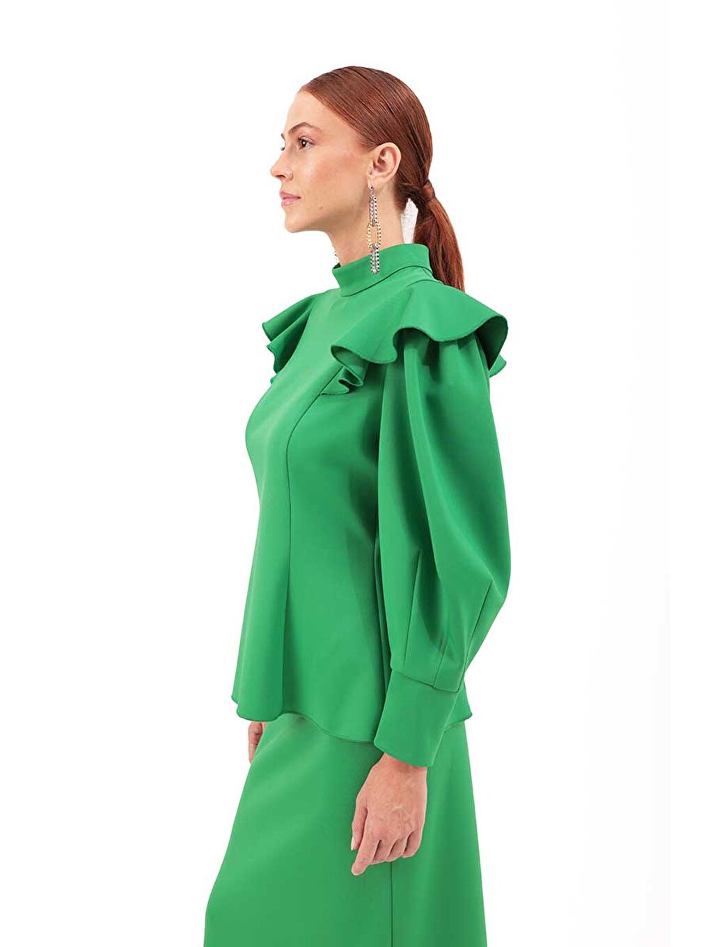 Yeşil Kolları Volanlı Örme Bluz-1