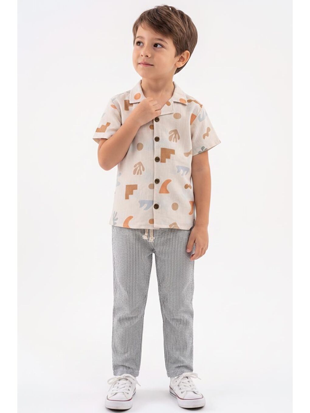 Bej Baskılı Müslin Gömlek Pantolon 2li Takım-3
