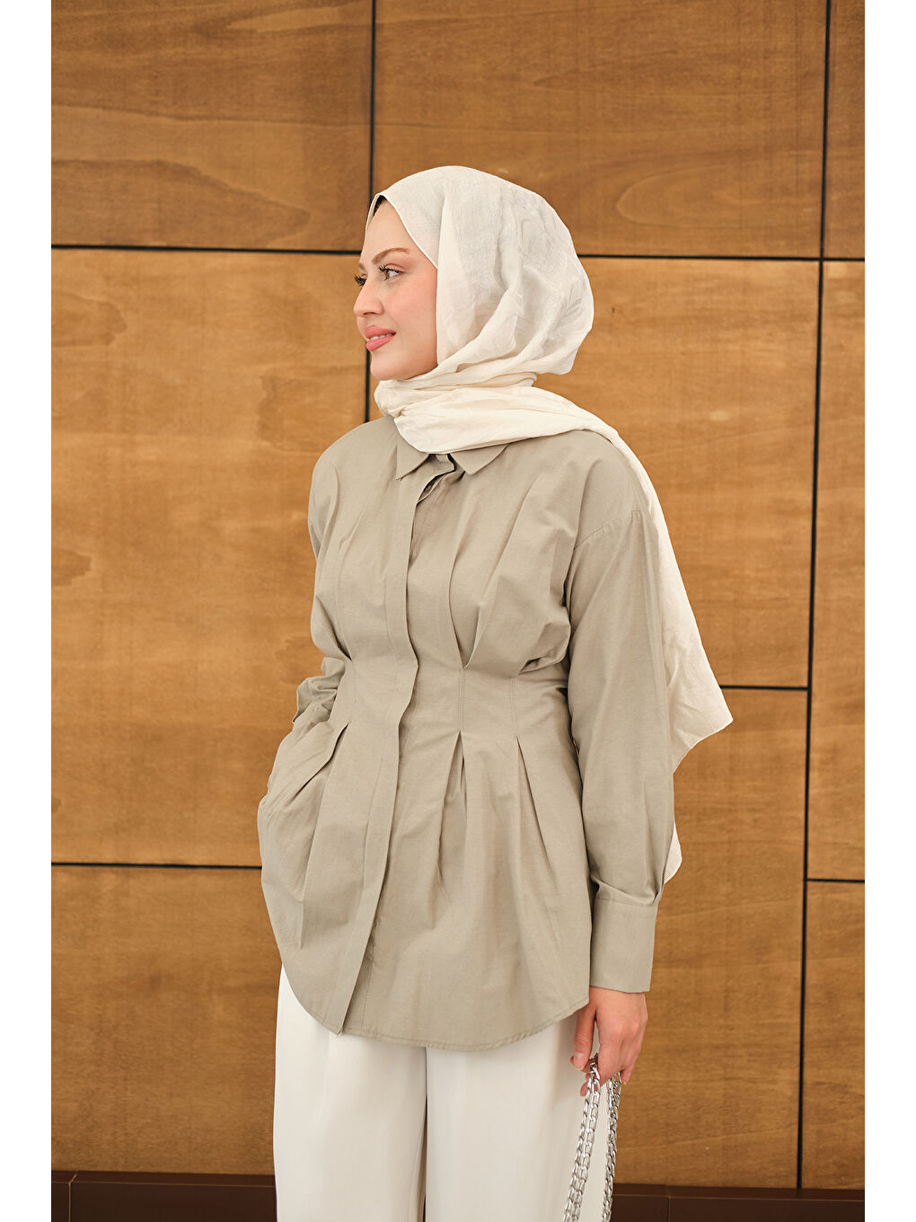 Kadın Beli Pile Detay Gizli Düğmeli Gömlek Küf Yeşil-1