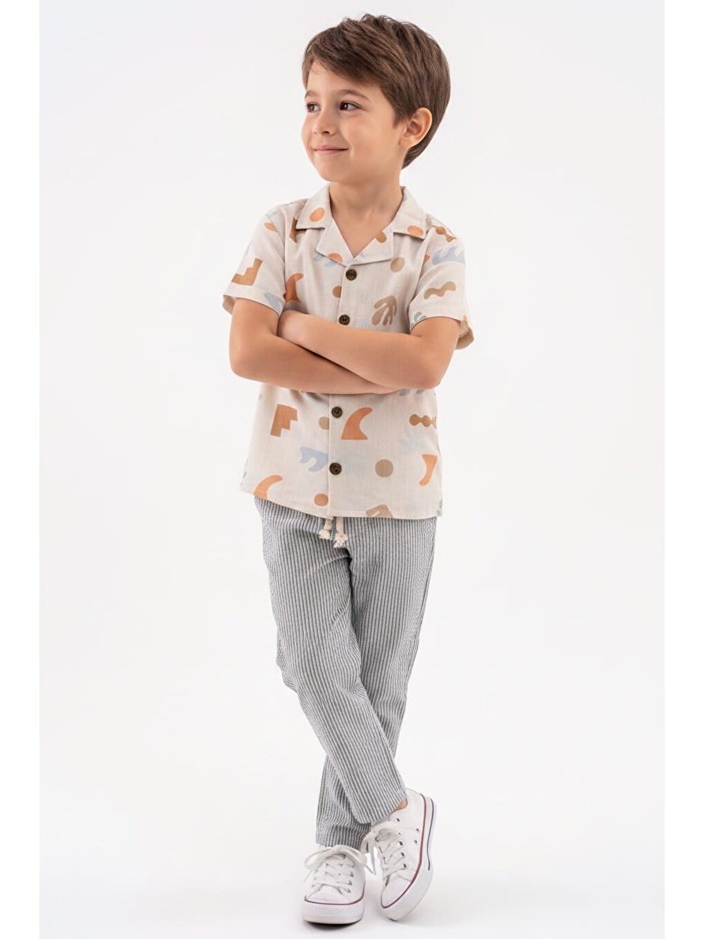 Bej Baskılı Müslin Gömlek Pantolon 2li Takım-4