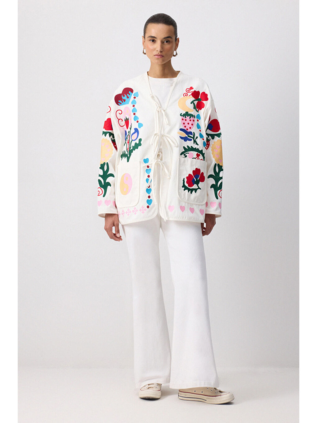 Ekru Nakışlı Gabardin Ceket-3