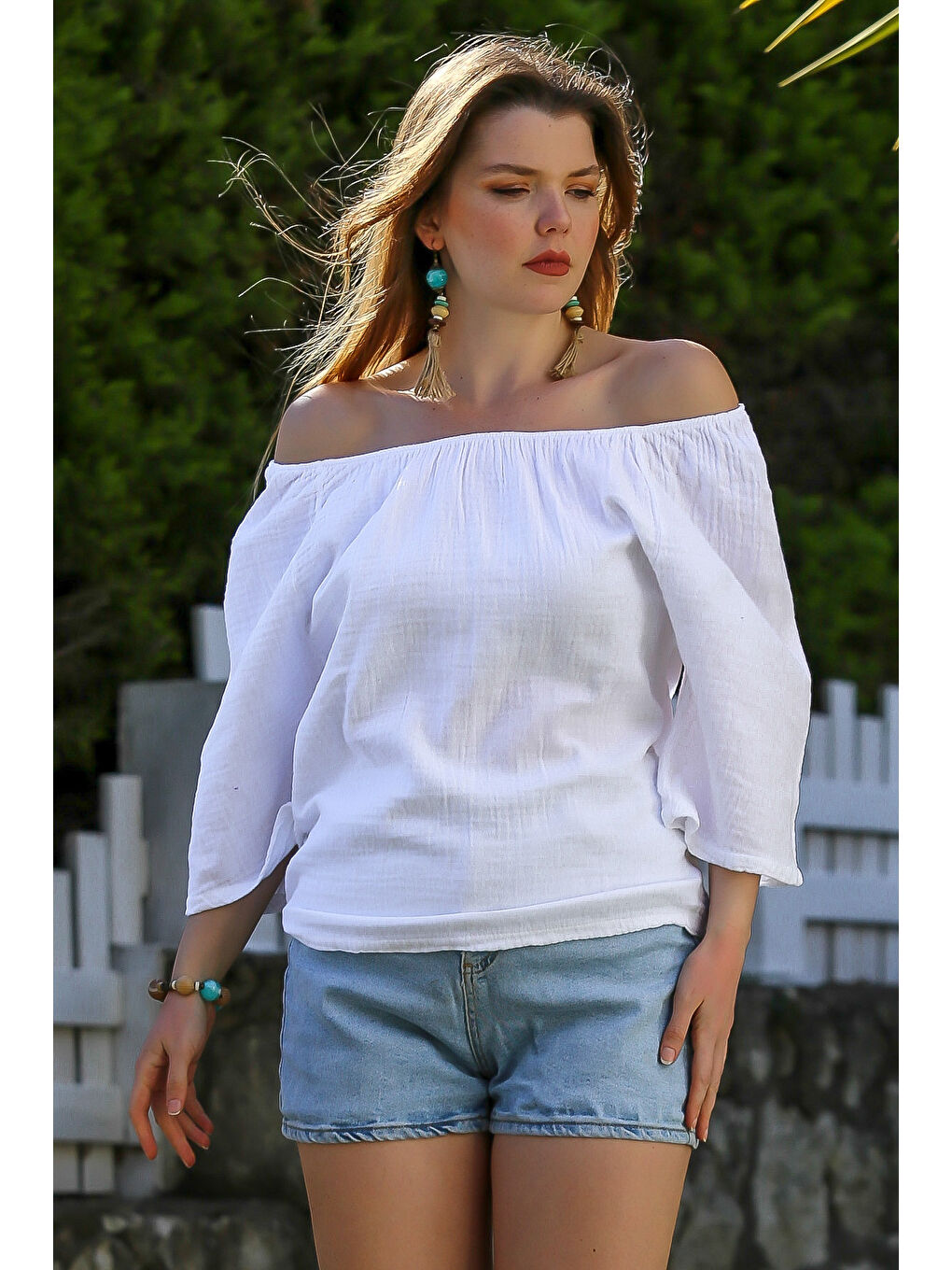 Beyaz Carmen Yaka İspanyol Kol Yıkamalı Casual Müslin Dokuma Bluz 62 56