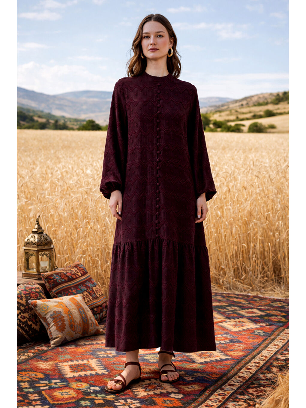 Güpür ve Jean Detay Uzun Elbise 2026 Mürdüm-1