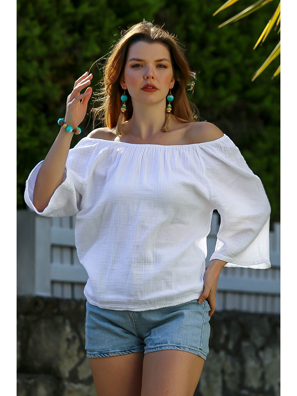 Beyaz Carmen Yaka İspanyol Kol Yıkamalı Casual Müslin Dokuma Bluz 62 56-1