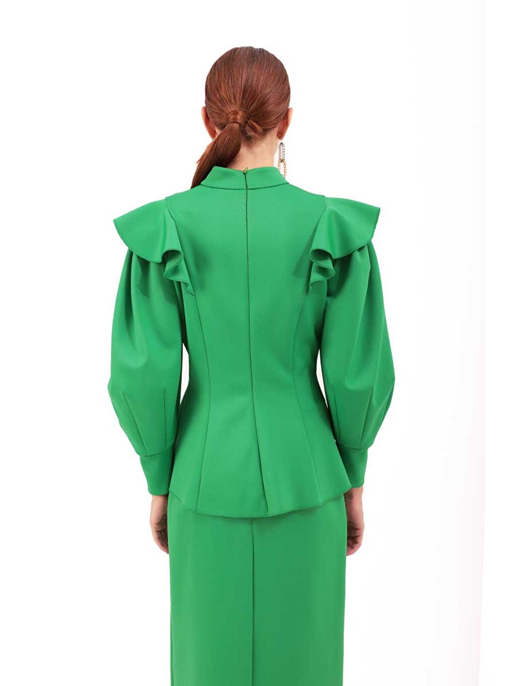 Yeşil Kolları Volanlı Örme Bluz-2