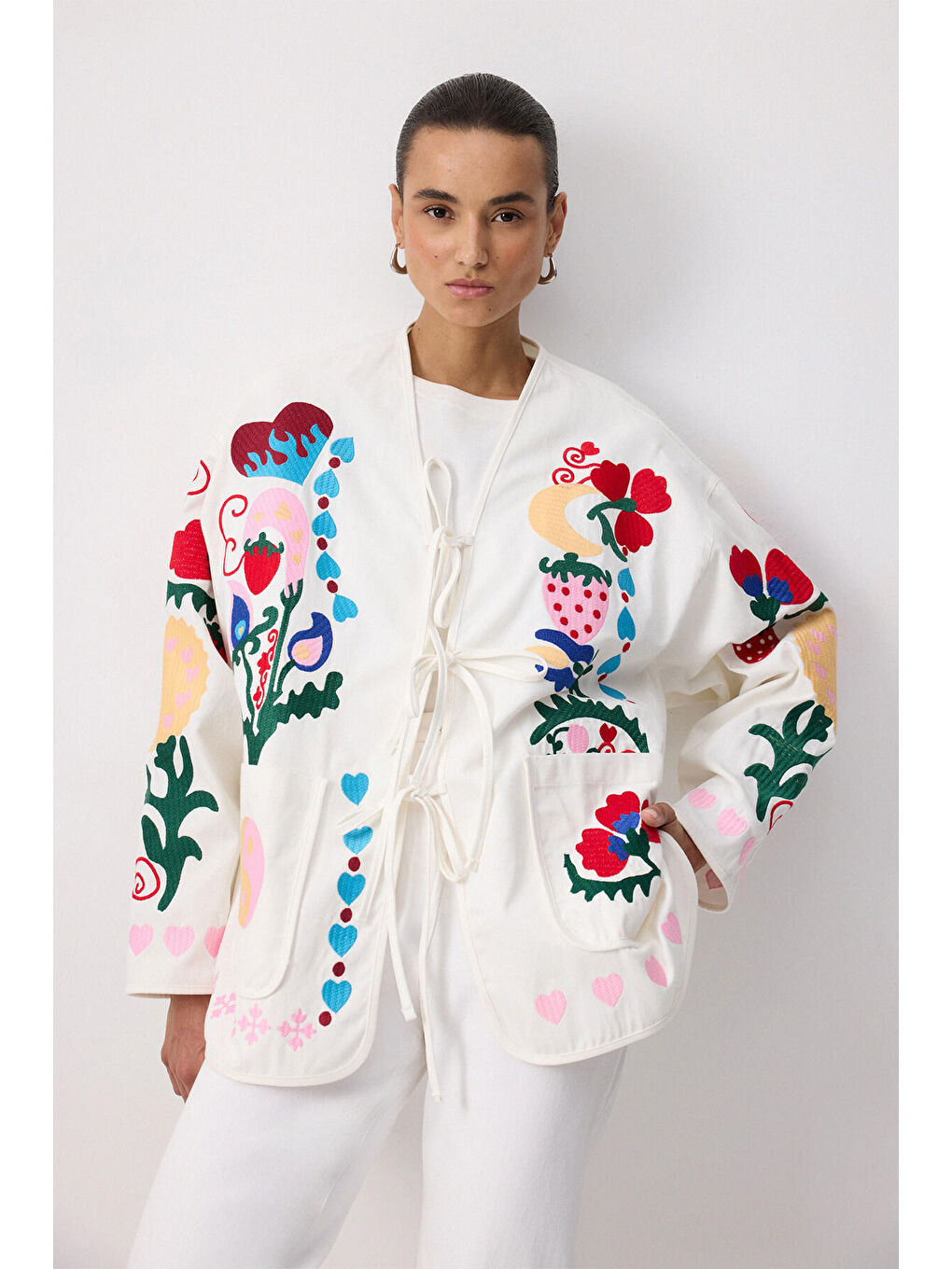 Ekru Nakışlı Gabardin Ceket-4