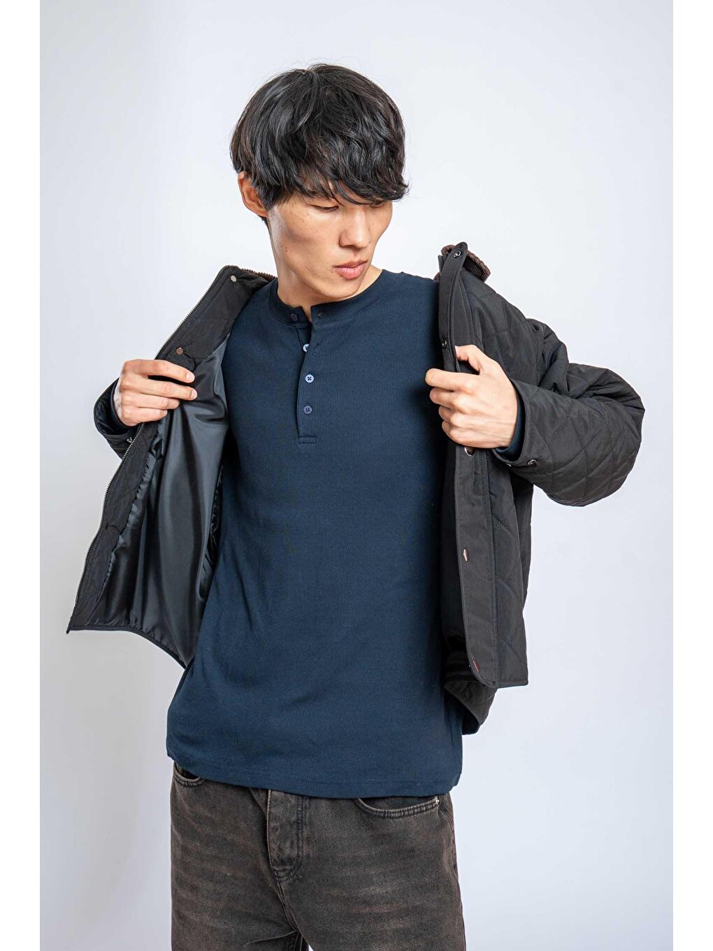 Erkek Oversize Düğmeli Basic Uzun Kollu T-Shirt Lacivert-2