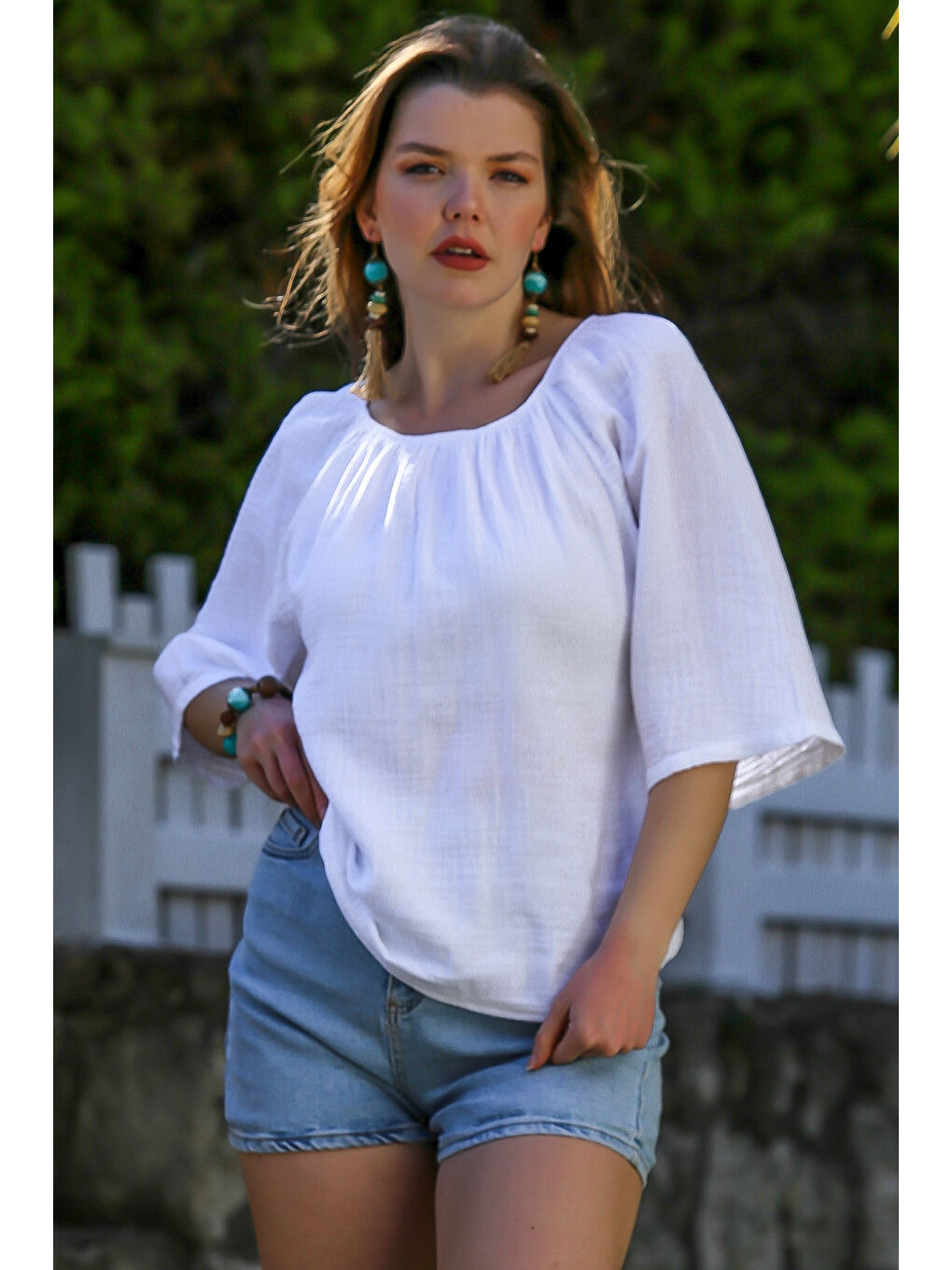 Beyaz Carmen Yaka İspanyol Kol Yıkamalı Casual Müslin Dokuma Bluz 62 56-3