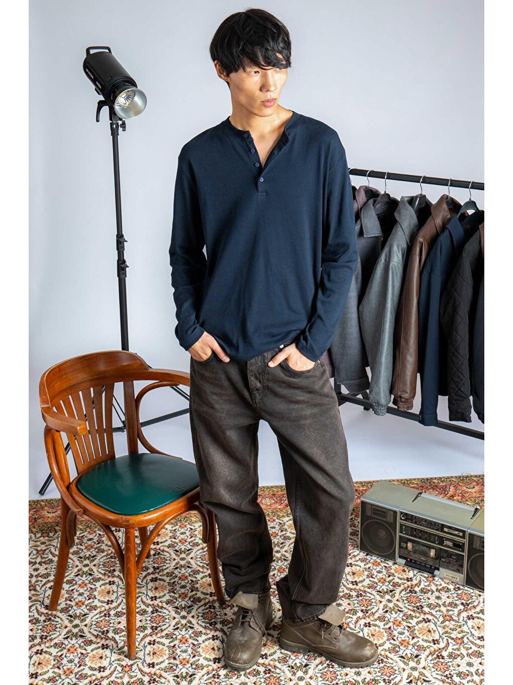 Erkek Oversize Düğmeli Basic Uzun Kollu T-Shirt Lacivert-3