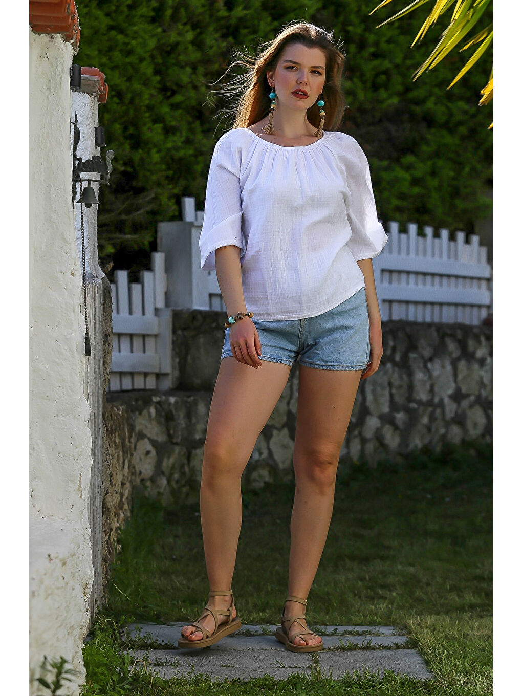 Beyaz Carmen Yaka İspanyol Kol Yıkamalı Casual Müslin Dokuma Bluz 62 56-5