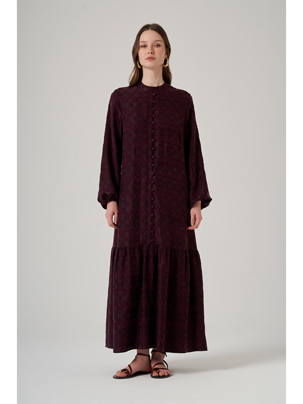 Güpür ve Jean Detay Uzun Elbise 2026 Mürdüm-2