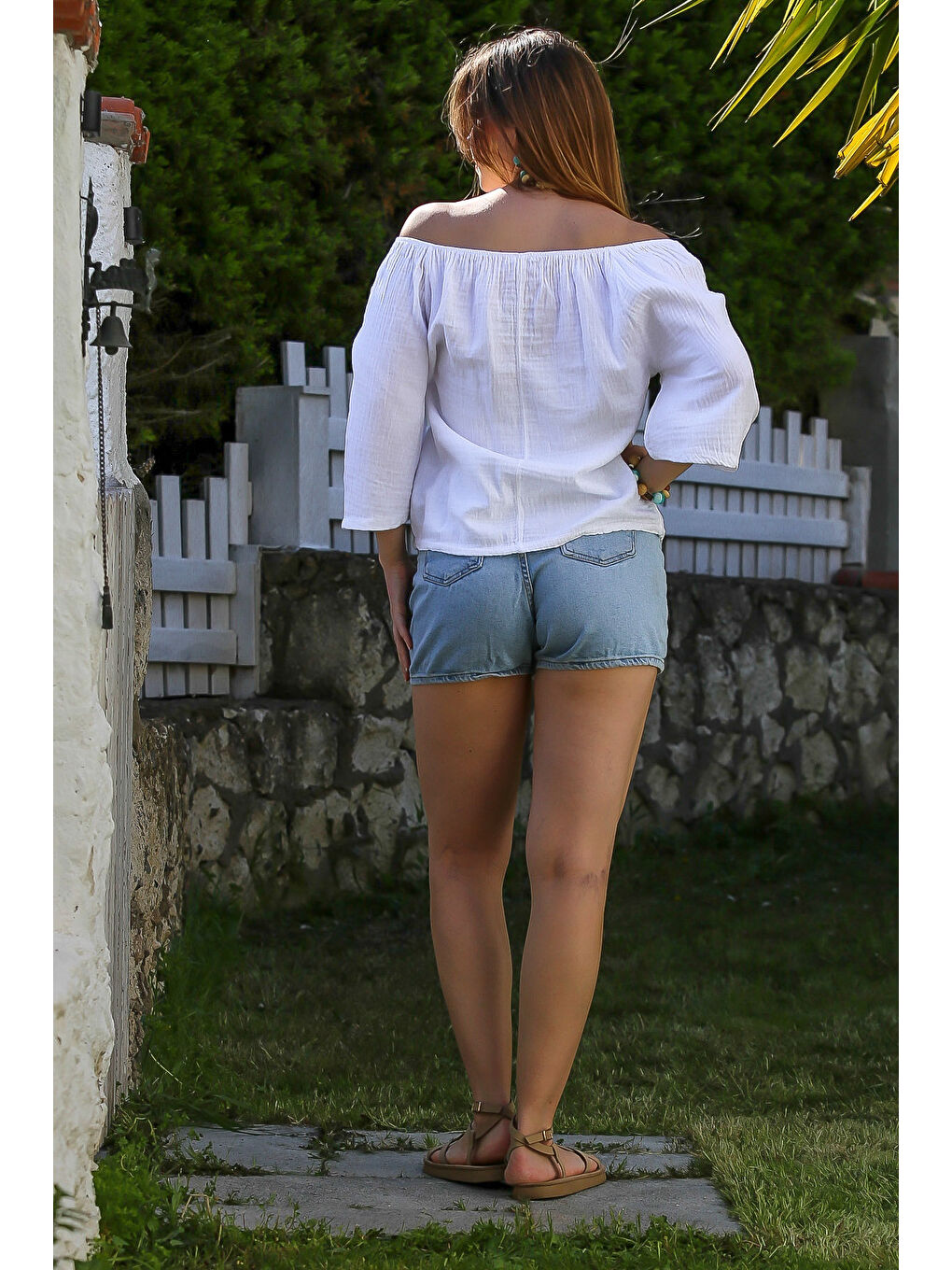 Beyaz Carmen Yaka İspanyol Kol Yıkamalı Casual Müslin Dokuma Bluz 62 56-6