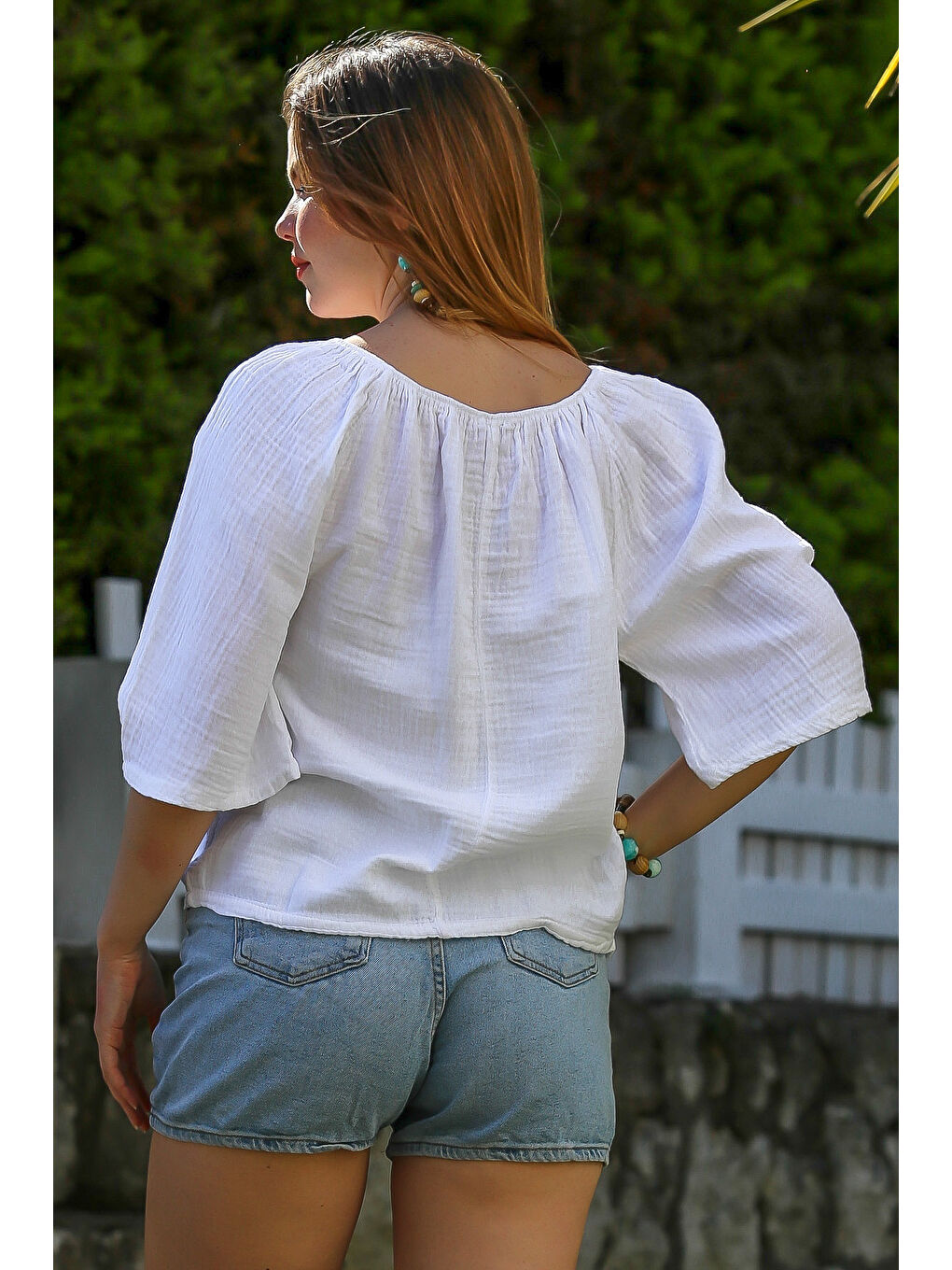 Beyaz Carmen Yaka İspanyol Kol Yıkamalı Casual Müslin Dokuma Bluz 62 56-7