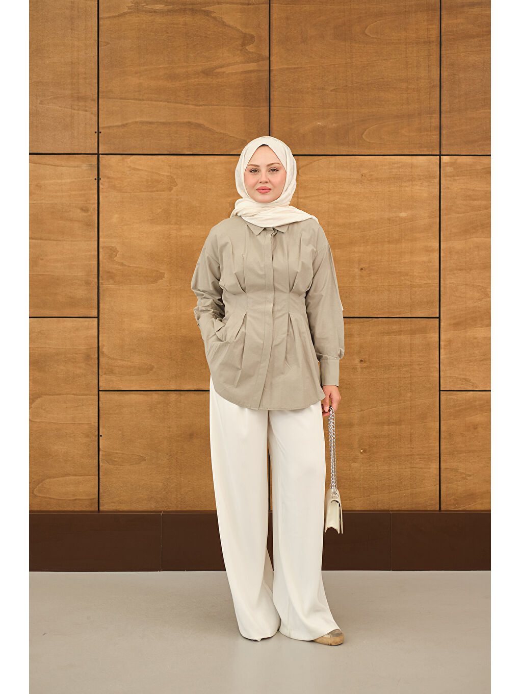 Kadın Beli Pile Detay Gizli Düğmeli Gömlek Küf Yeşil-2