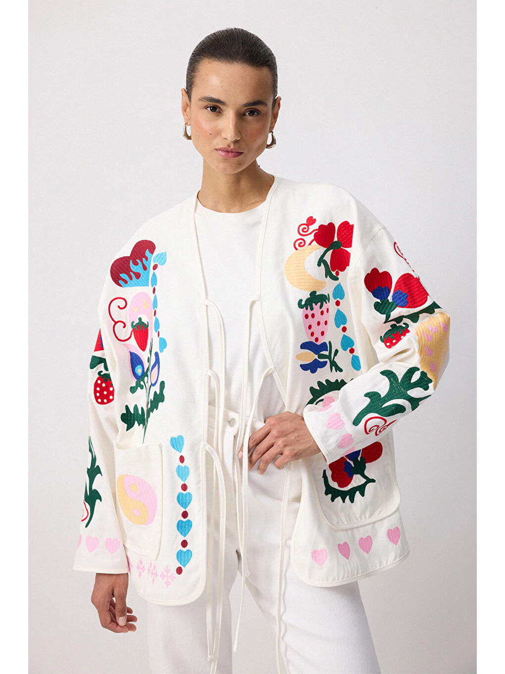 Ekru Nakışlı Gabardin Ceket-7