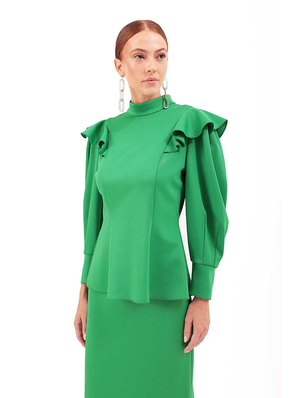 Yeşil Kolları Volanlı Örme Bluz-4