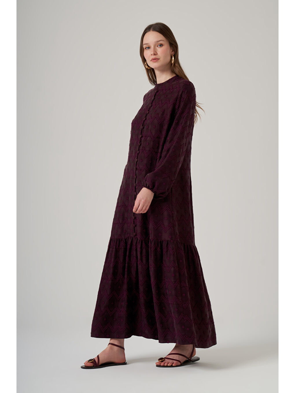 Güpür ve Jean Detay Uzun Elbise 2026 Mürdüm-4