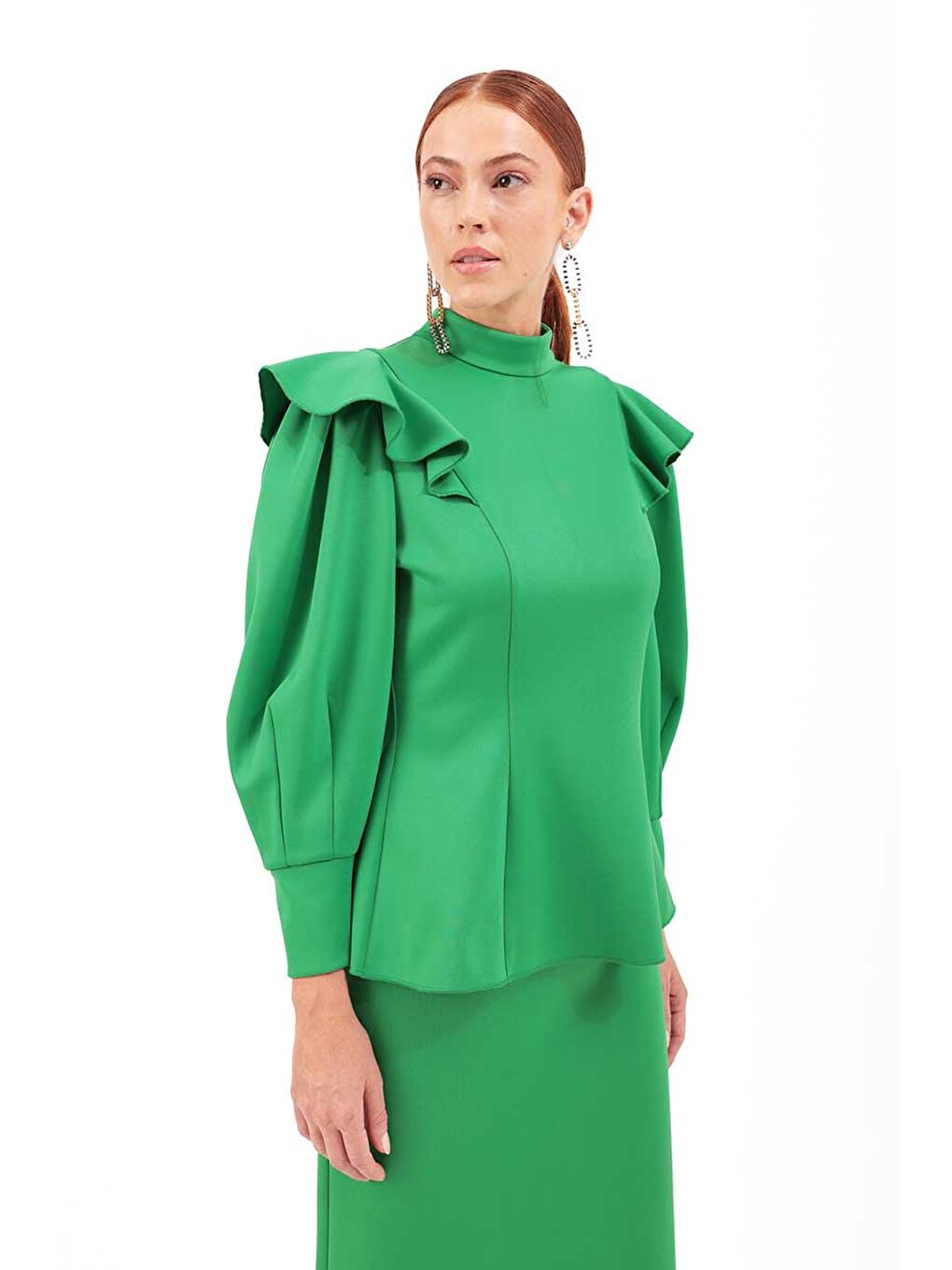 Yeşil Kolları Volanlı Örme Bluz-5