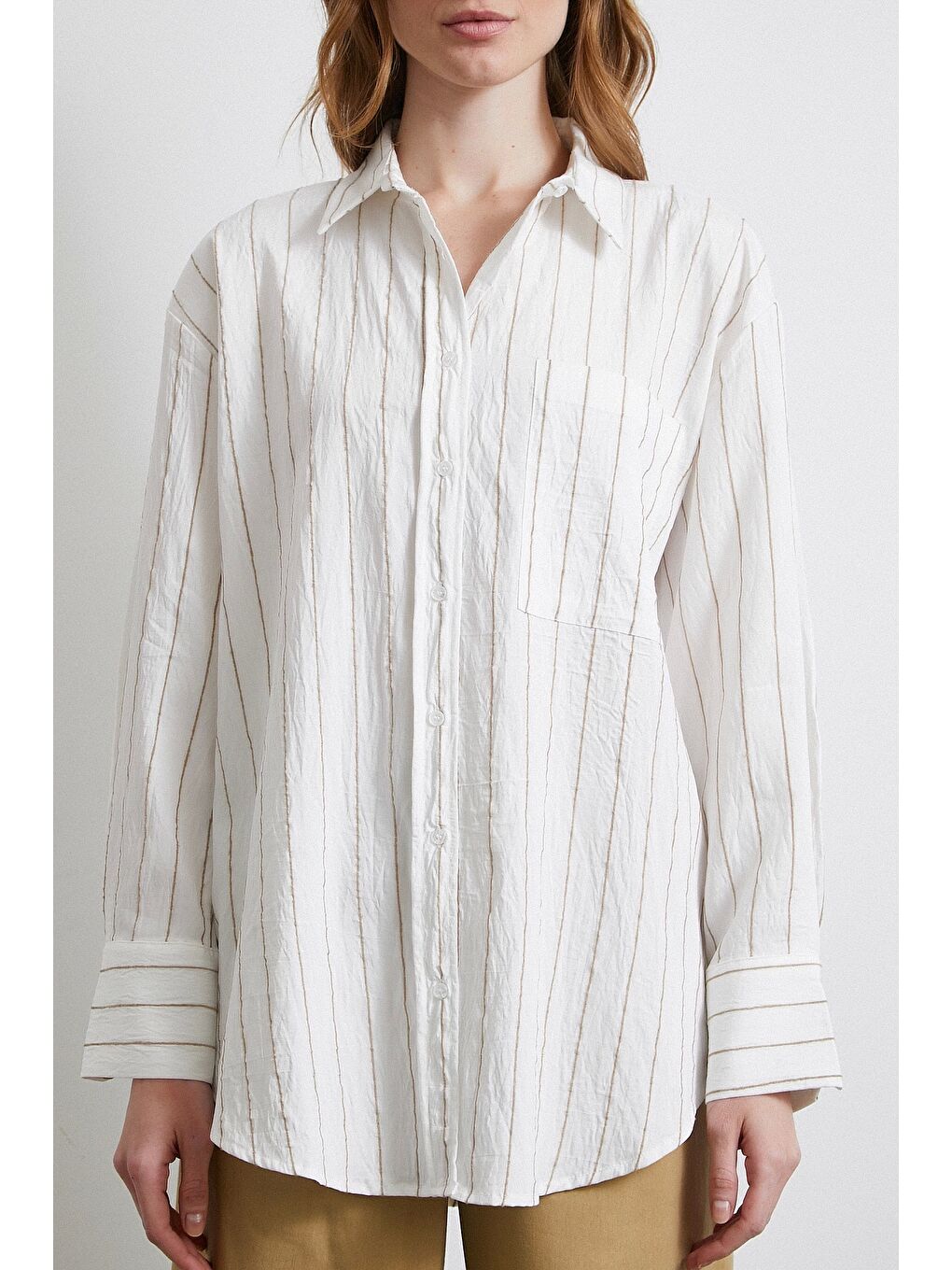 Çizgili Cepli Gömlek Bej-1