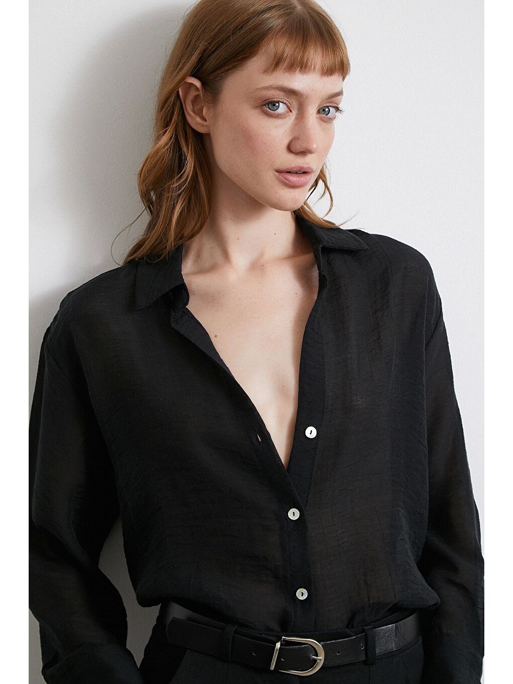 Transparan Saten Gömlek Siyah