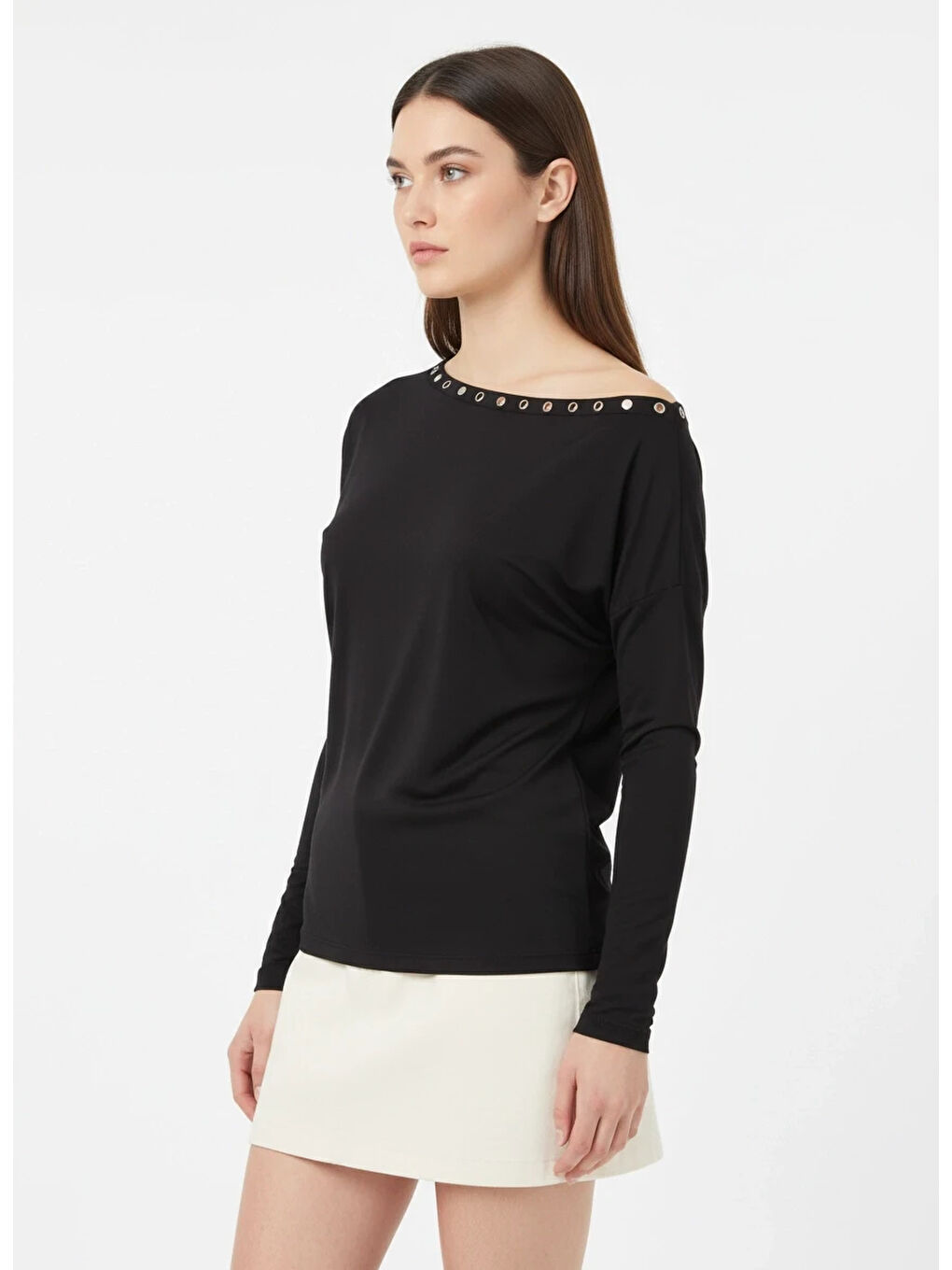 Siyah Kadın Kayık Yaka Yarasa Kol Yakası Troklu Elastanlı Penye Bluz
