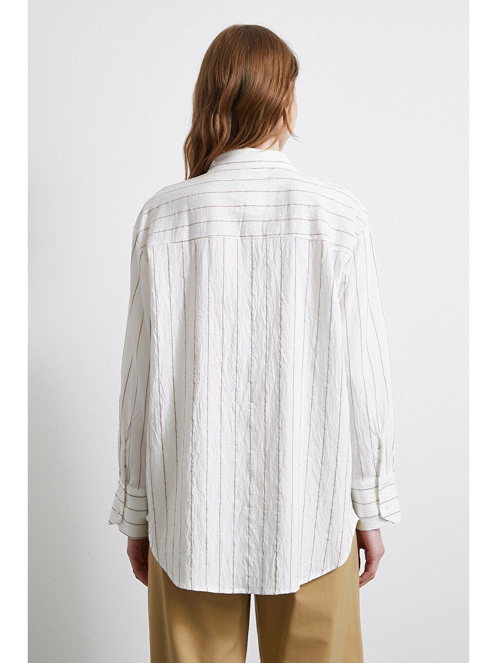 Çizgili Cepli Gömlek Bej-2