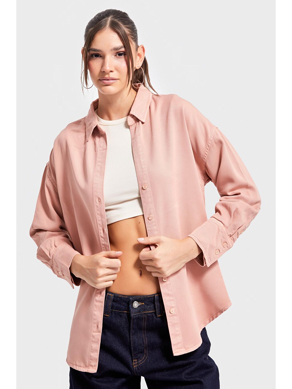 Pembe Kadın Pudra Renk 6s5-21 Organik Pamuk Viskon Kumaş Oversize Gömlek-1