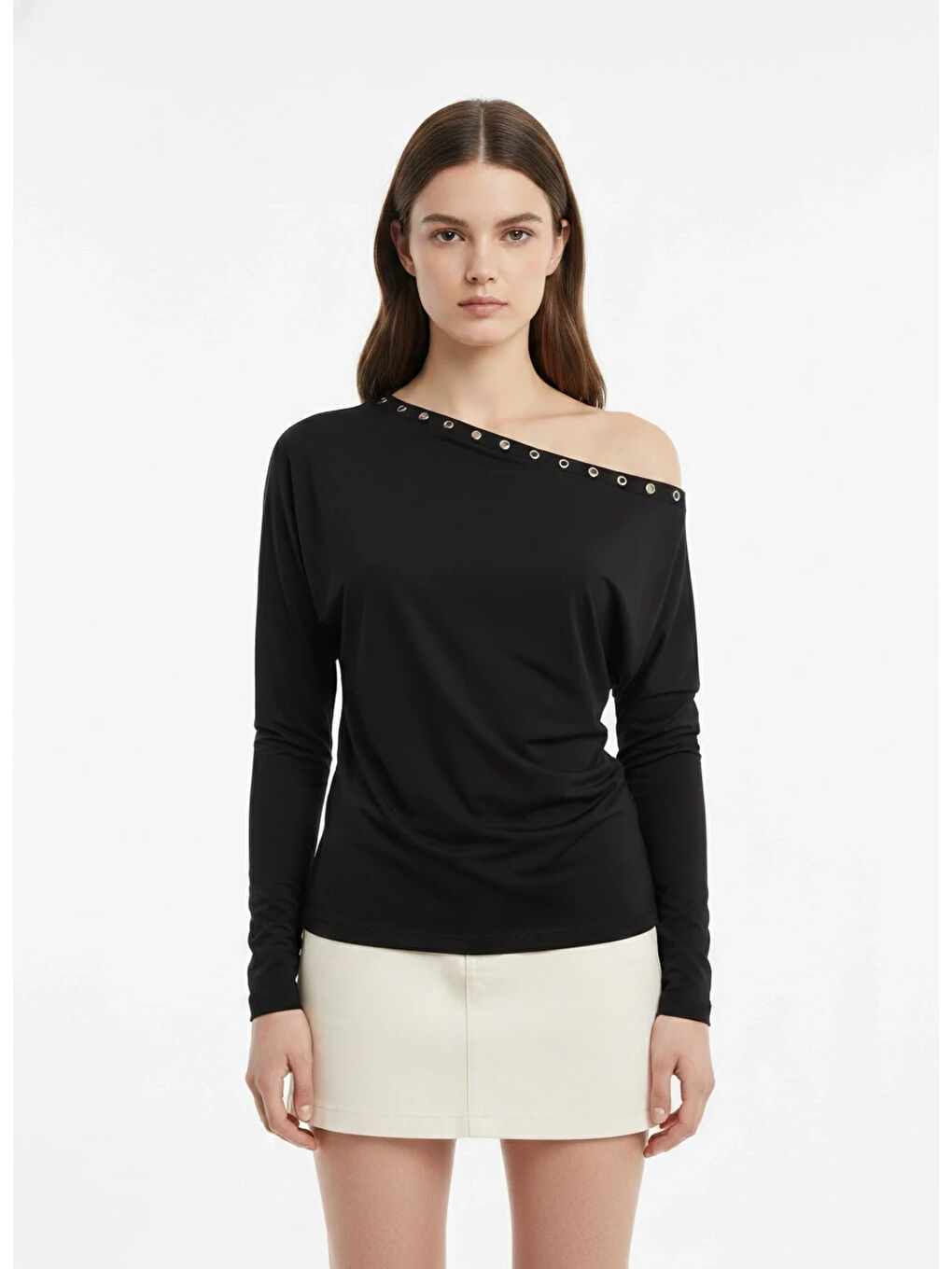 Siyah Kadın Kayık Yaka Yarasa Kol Yakası Troklu Elastanlı Penye Bluz-1