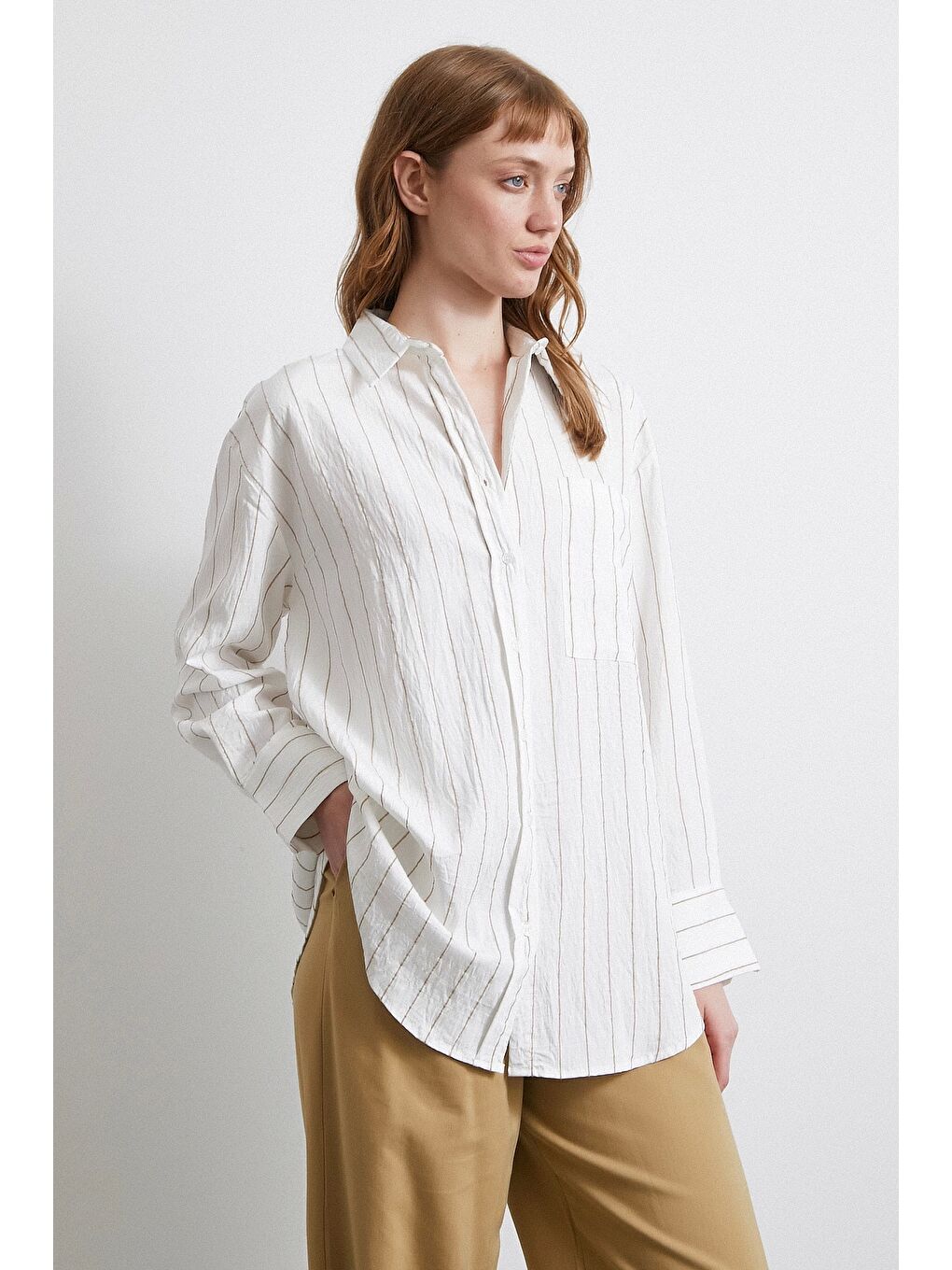 Çizgili Cepli Gömlek Bej-3