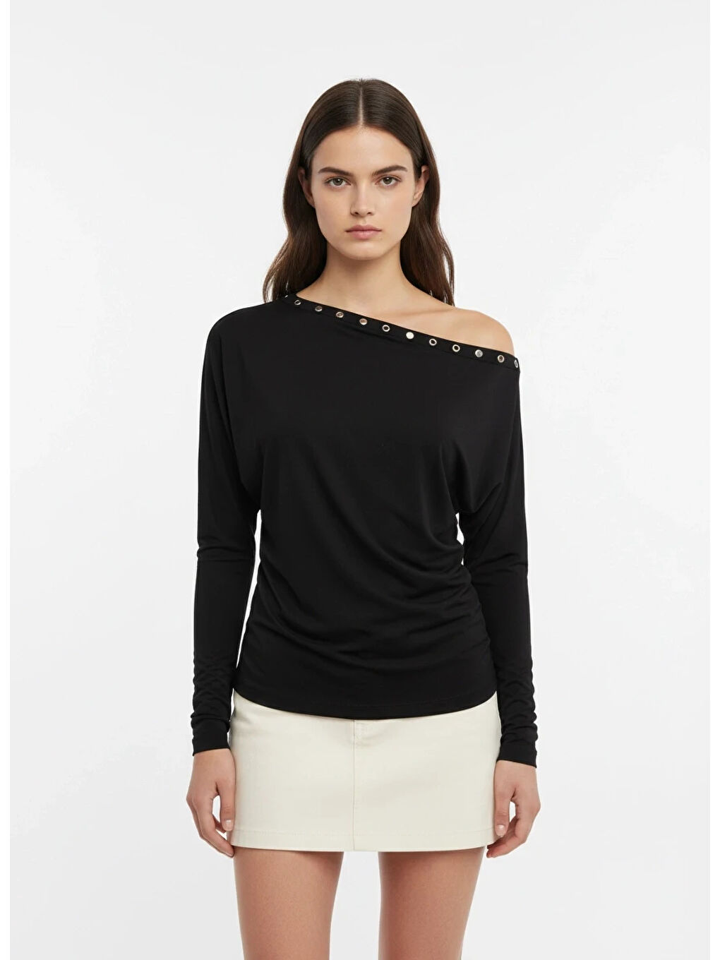 Siyah Kadın Kayık Yaka Yarasa Kol Yakası Troklu Elastanlı Penye Bluz-2