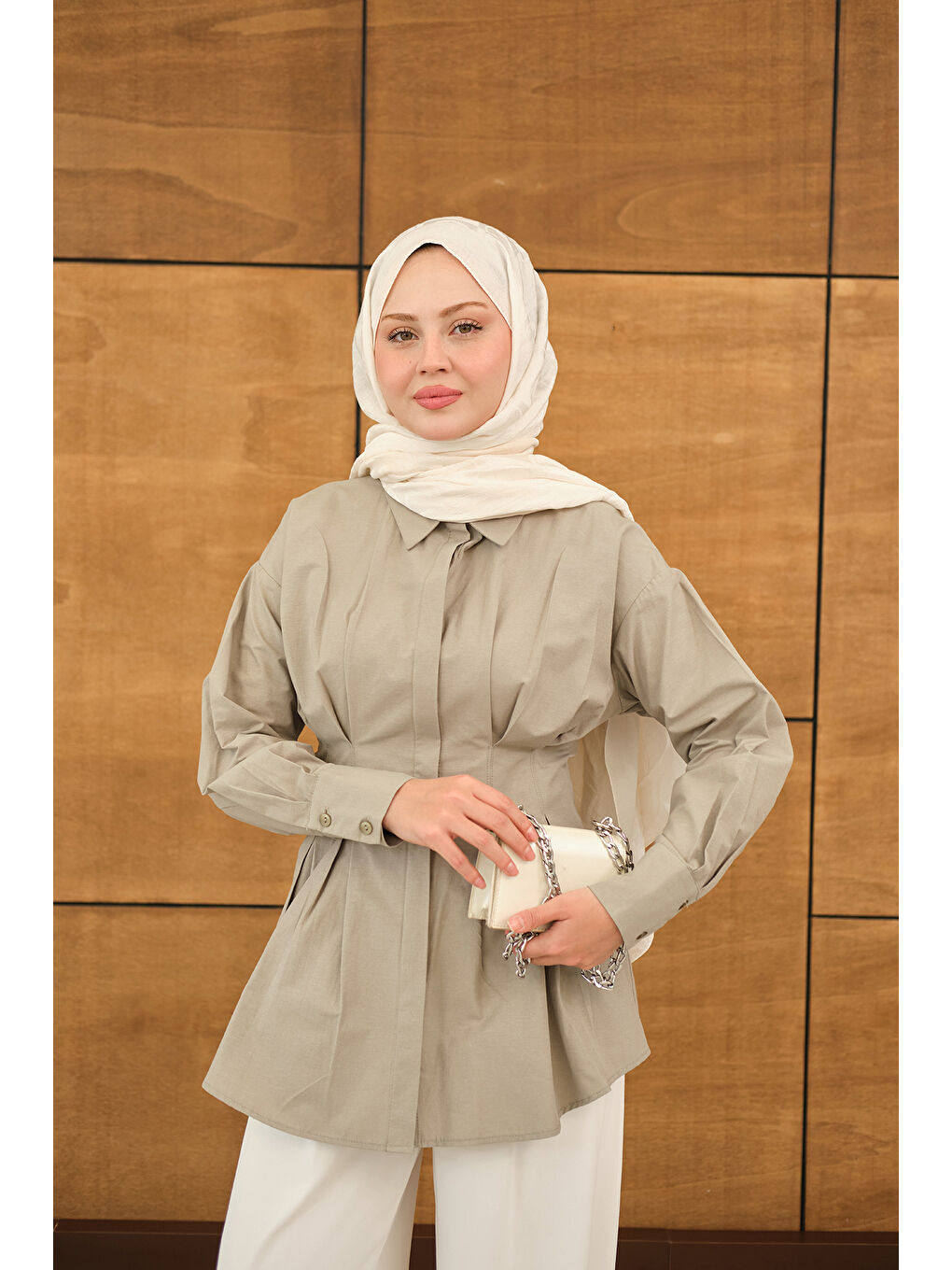 Kadın Beli Pile Detay Gizli Düğmeli Gömlek Küf Yeşil-4