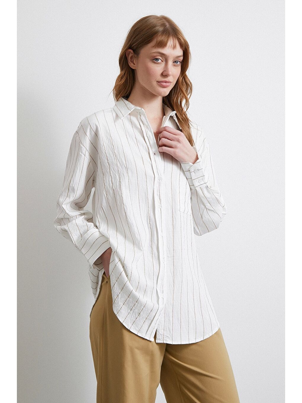 Çizgili Cepli Gömlek Bej-4