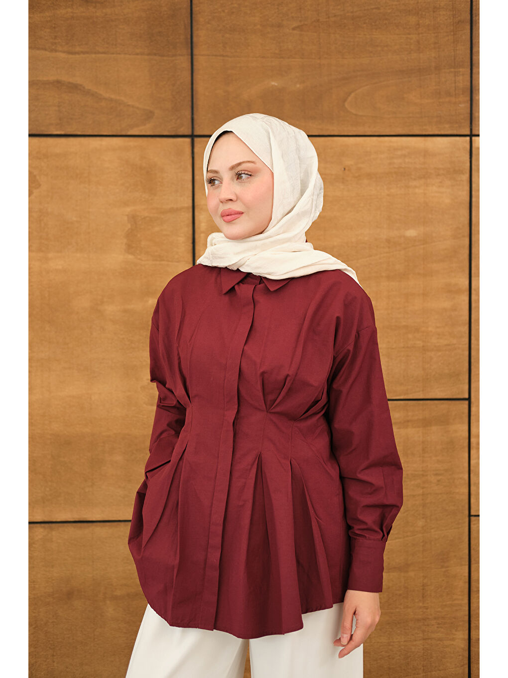 Kadın Beli Pile Detay Gizli Düğmeli Gömlek Bordo-2