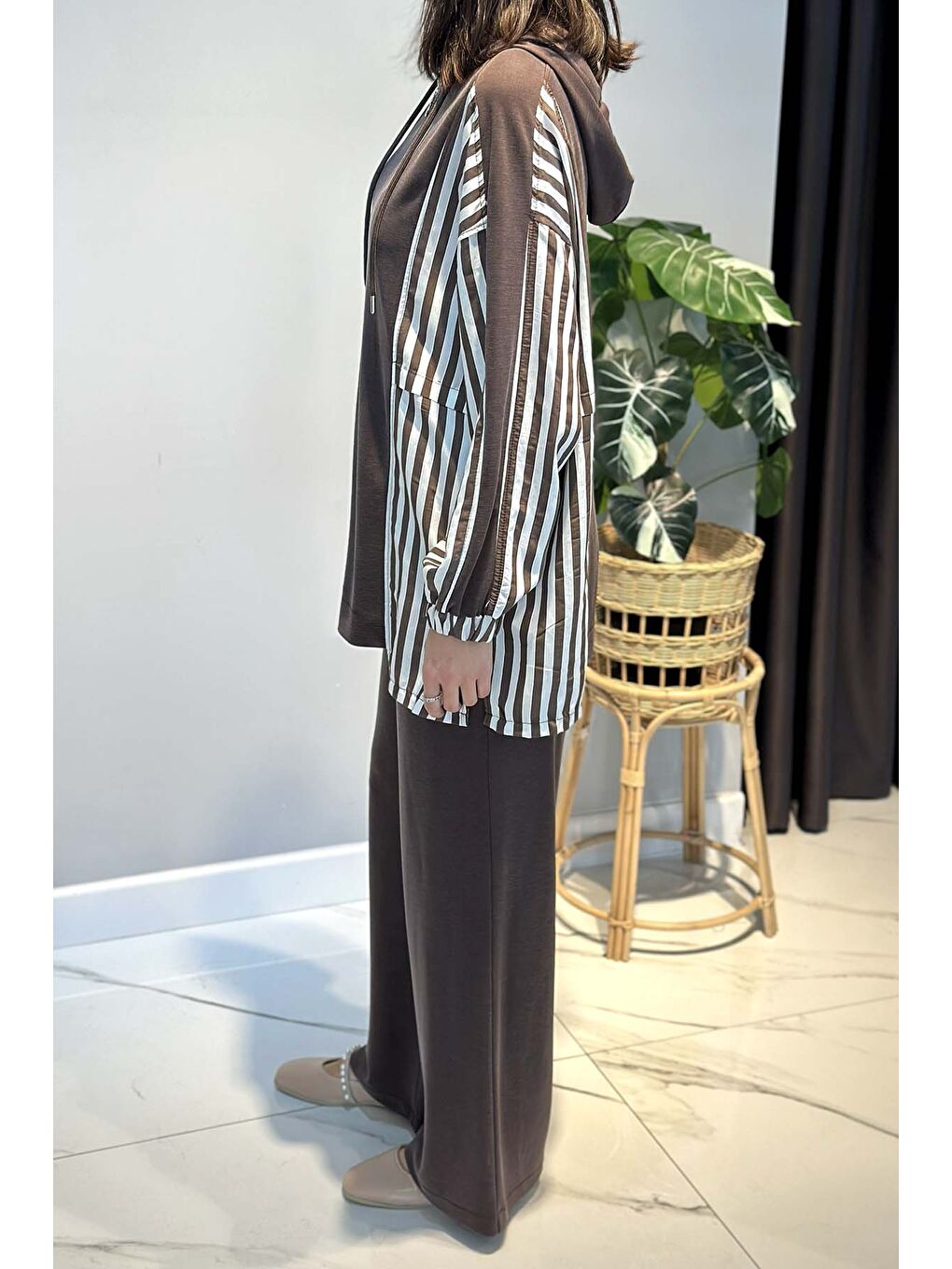 Şerit Detay Pantolonlu Takım 70081 Kahverengi-1