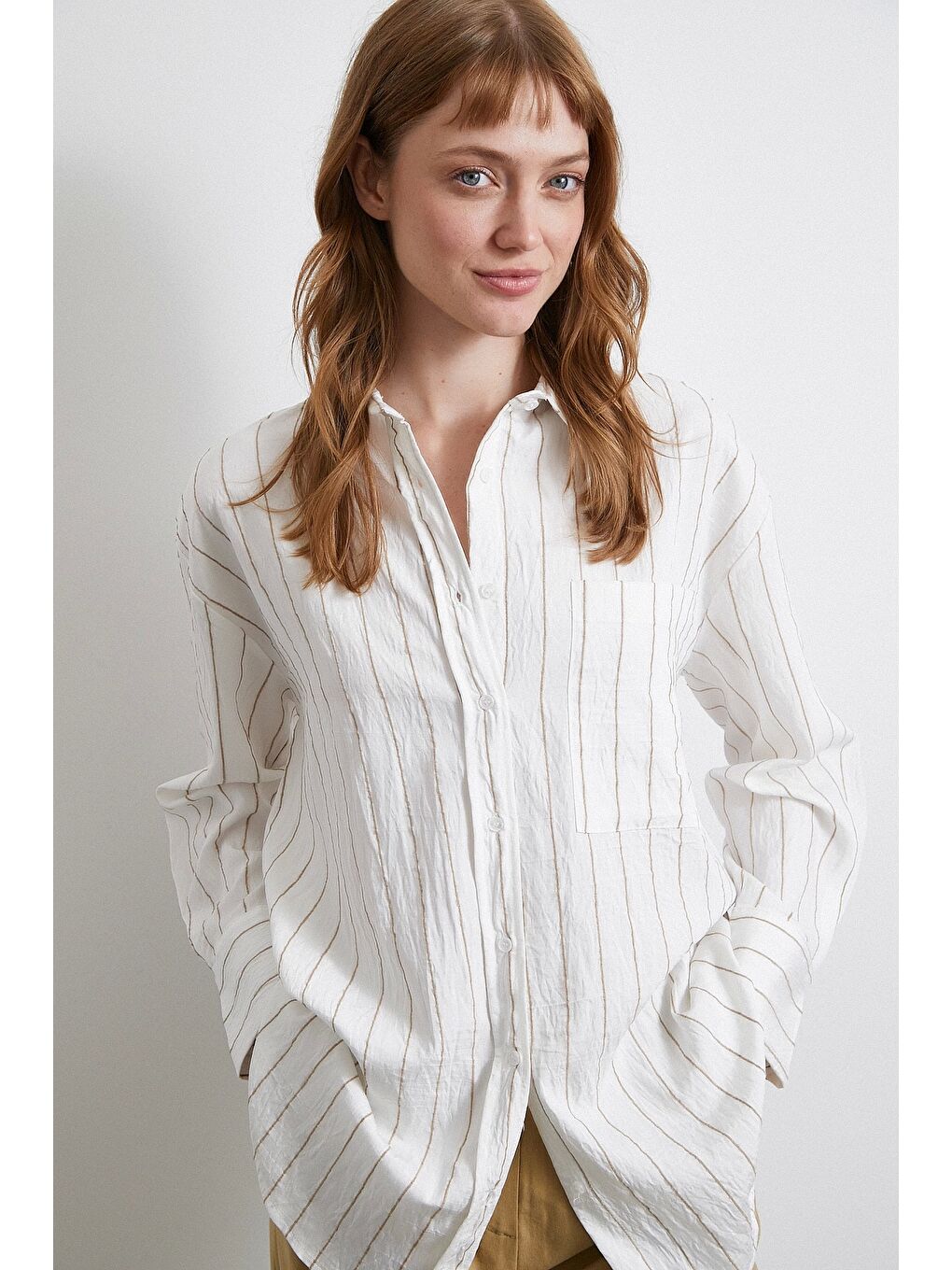 Çizgili Cepli Gömlek Bej-5